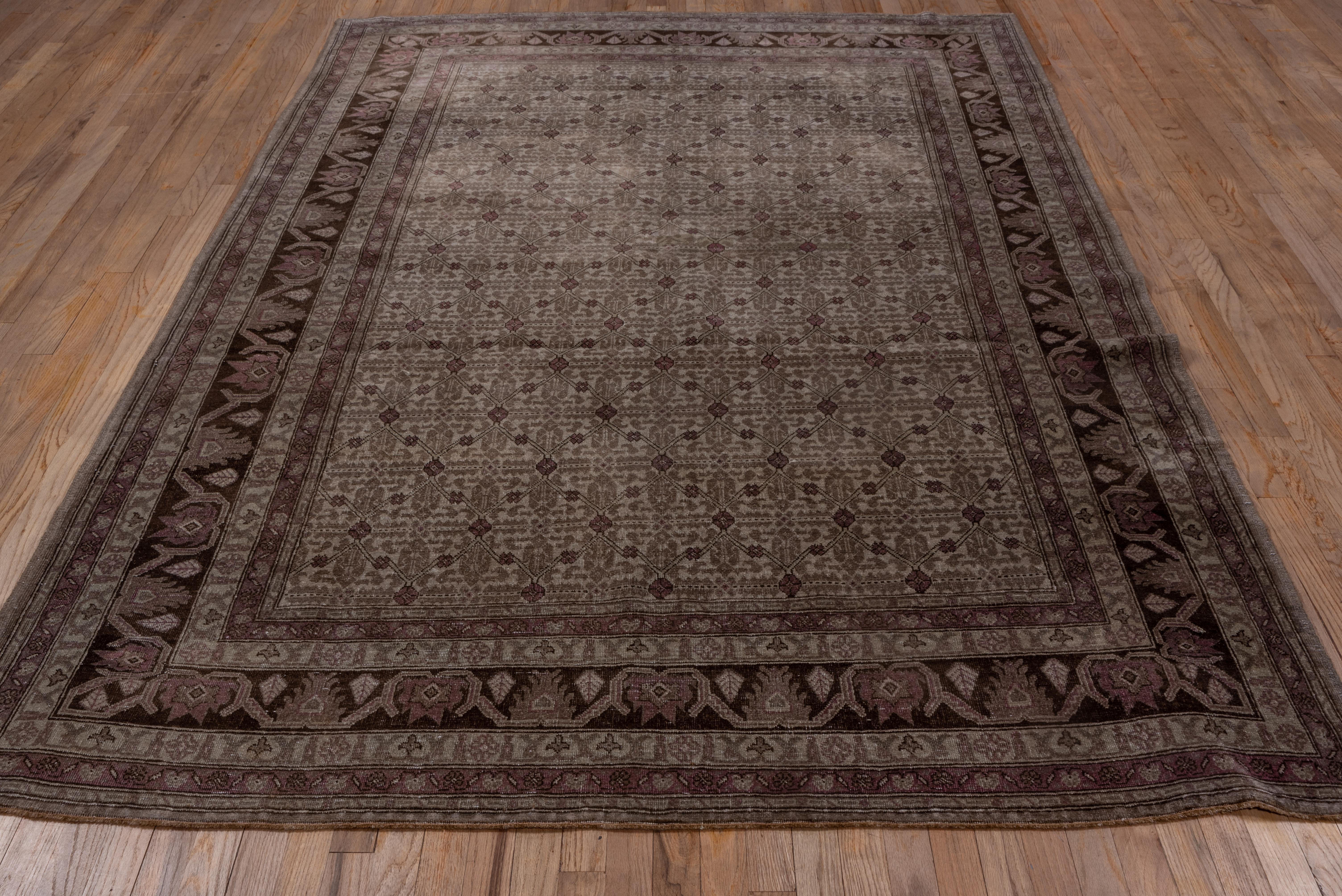 The light beige field of this carpet supports an allover pattern of linked rosettes in a lozenge pattern with stylized leaves and botehs. The brown border shows a stiff, split vine with palmettes and leaves. The handle is chunky and meaty.