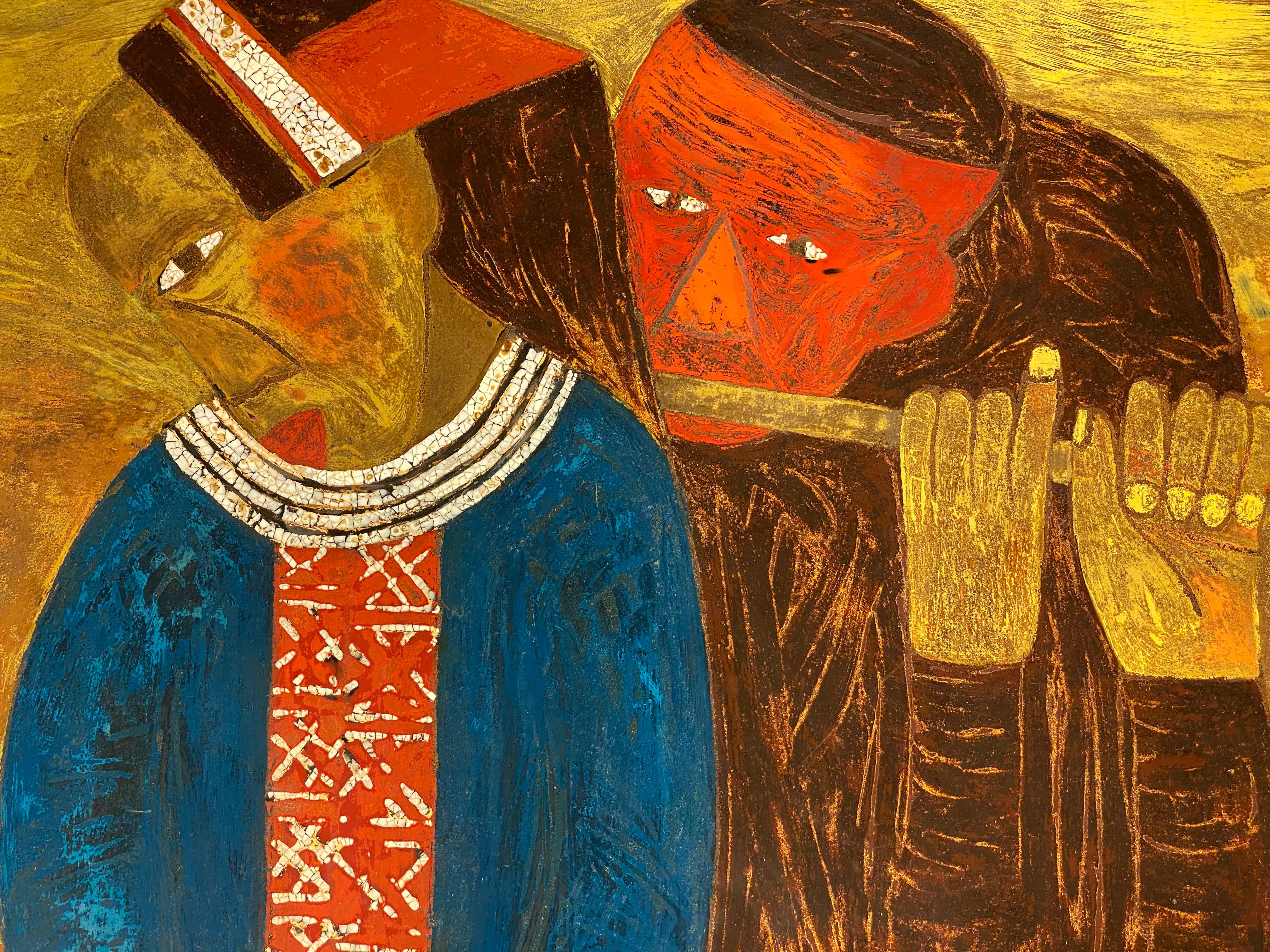 'Serenade' Lacquer on Wood Figurative Portrait of Couple For Sale 1