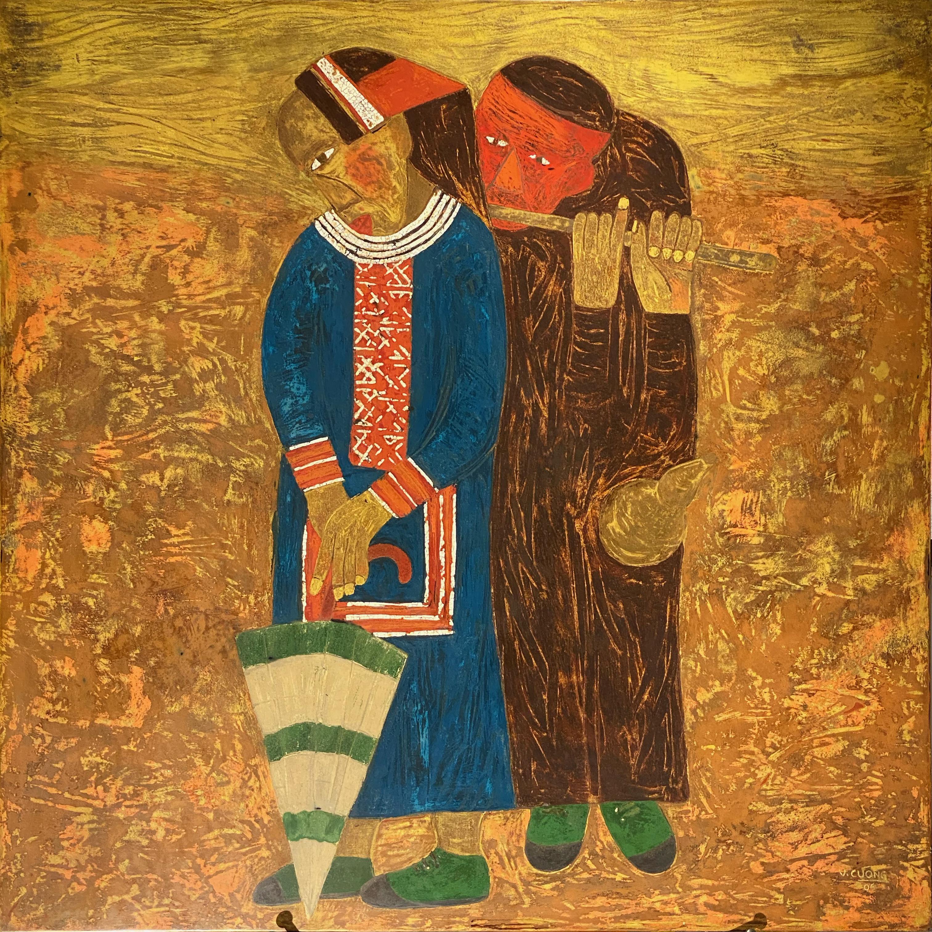 Vu Cuong Figurative Painting - 'Serenade' Lacquer on Wood Figurative Portrait of Couple