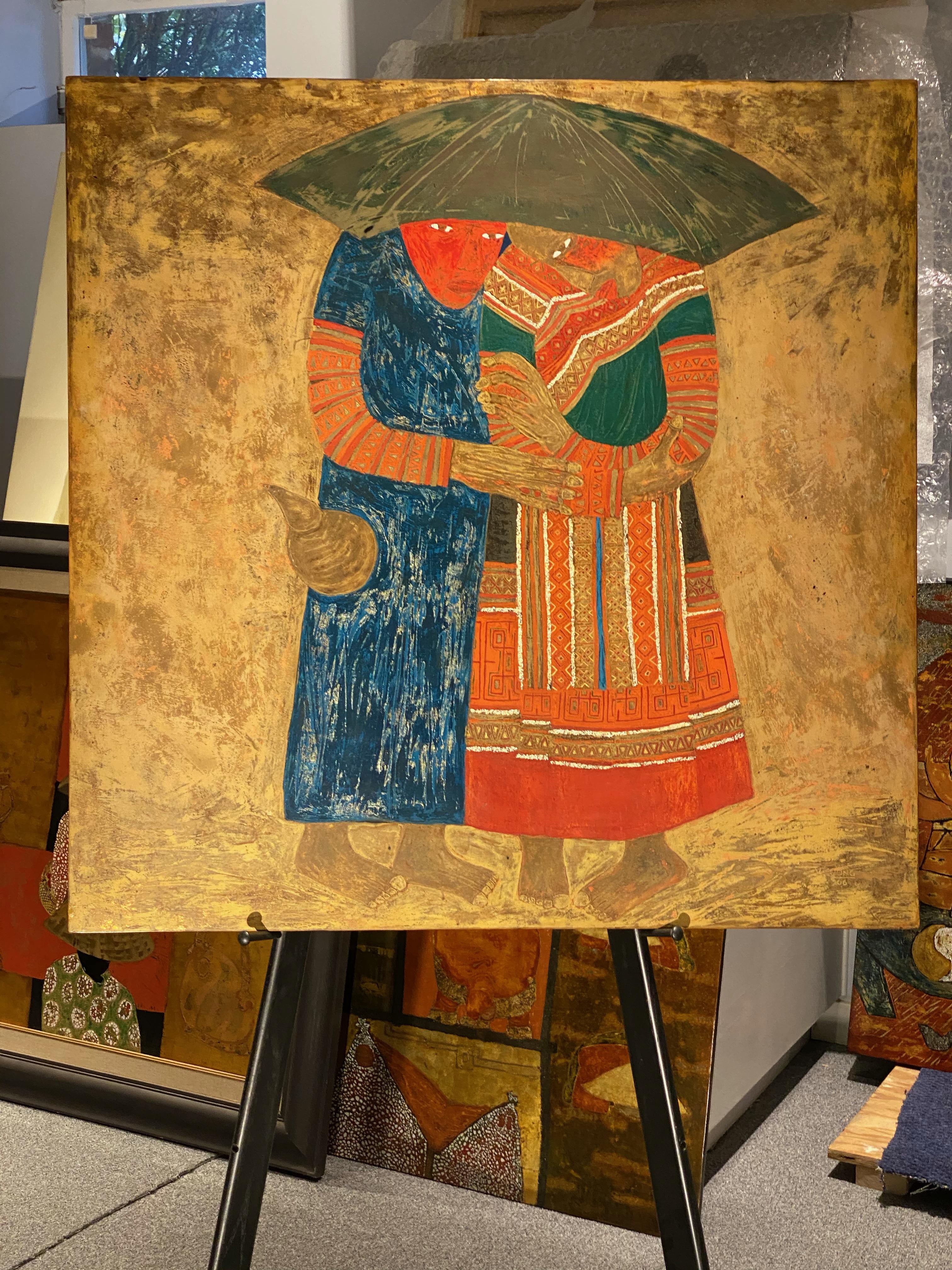 'Stay Close' Lacquer on Wood Figurative Portrait Gold Blue Black Red Black - Painting by Vu Cuong