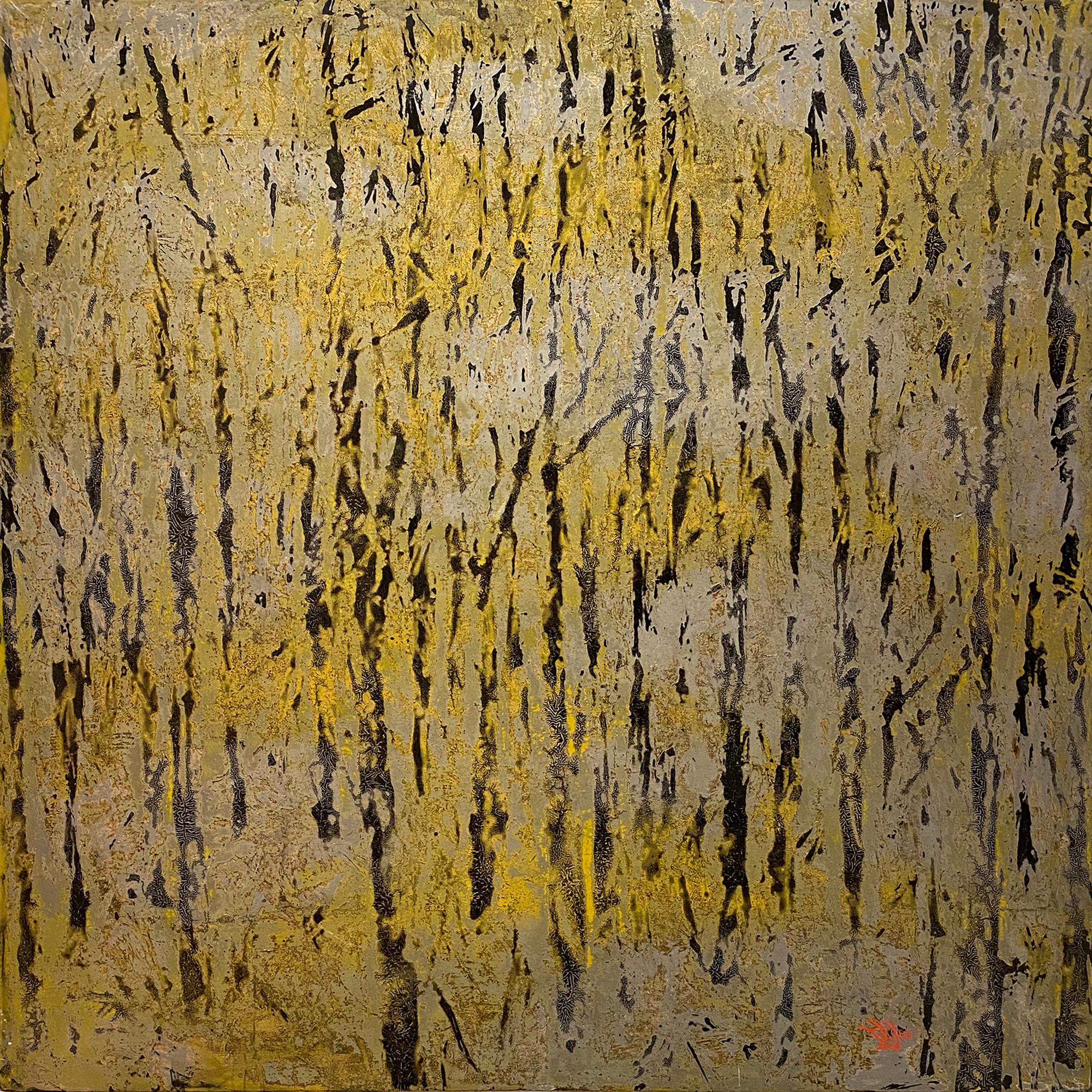 Land of Memory is a Vietnamese contemporary painting depicting an abstraction of the country's quiet natural landscape. The painting features a palette of warm golds and yellows with delicate touches of black. 