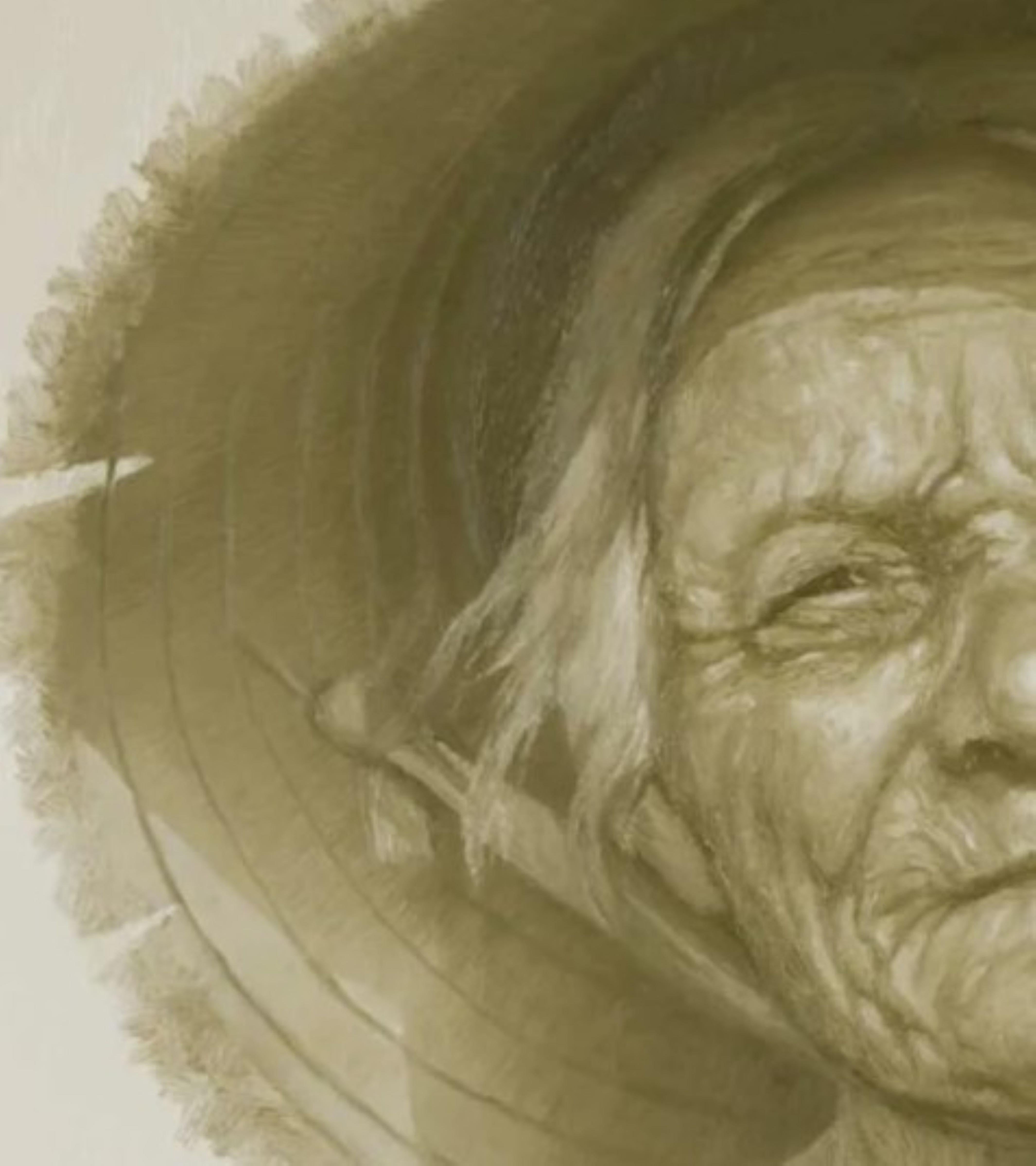 'Anciana que vive cerca del mar' Óleo sobre lienzo Retrato Blanco Gris Verde - Painting Contemporáneo de Vu Nhu Hai