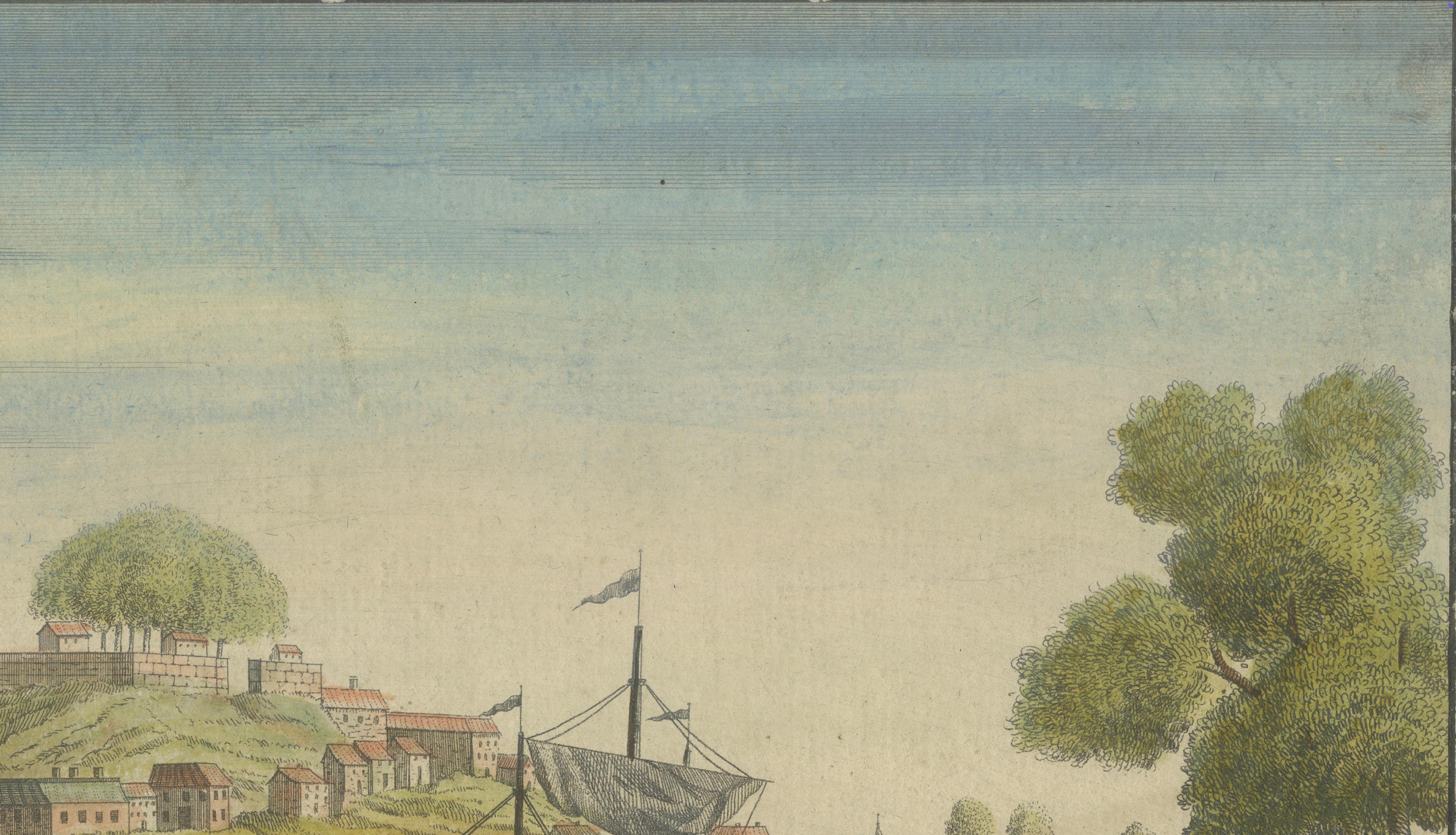 Vue de Bayonne du Côté du Port - handkolorierter optischer Druck von Basset, um 1790 (Französisch) im Angebot