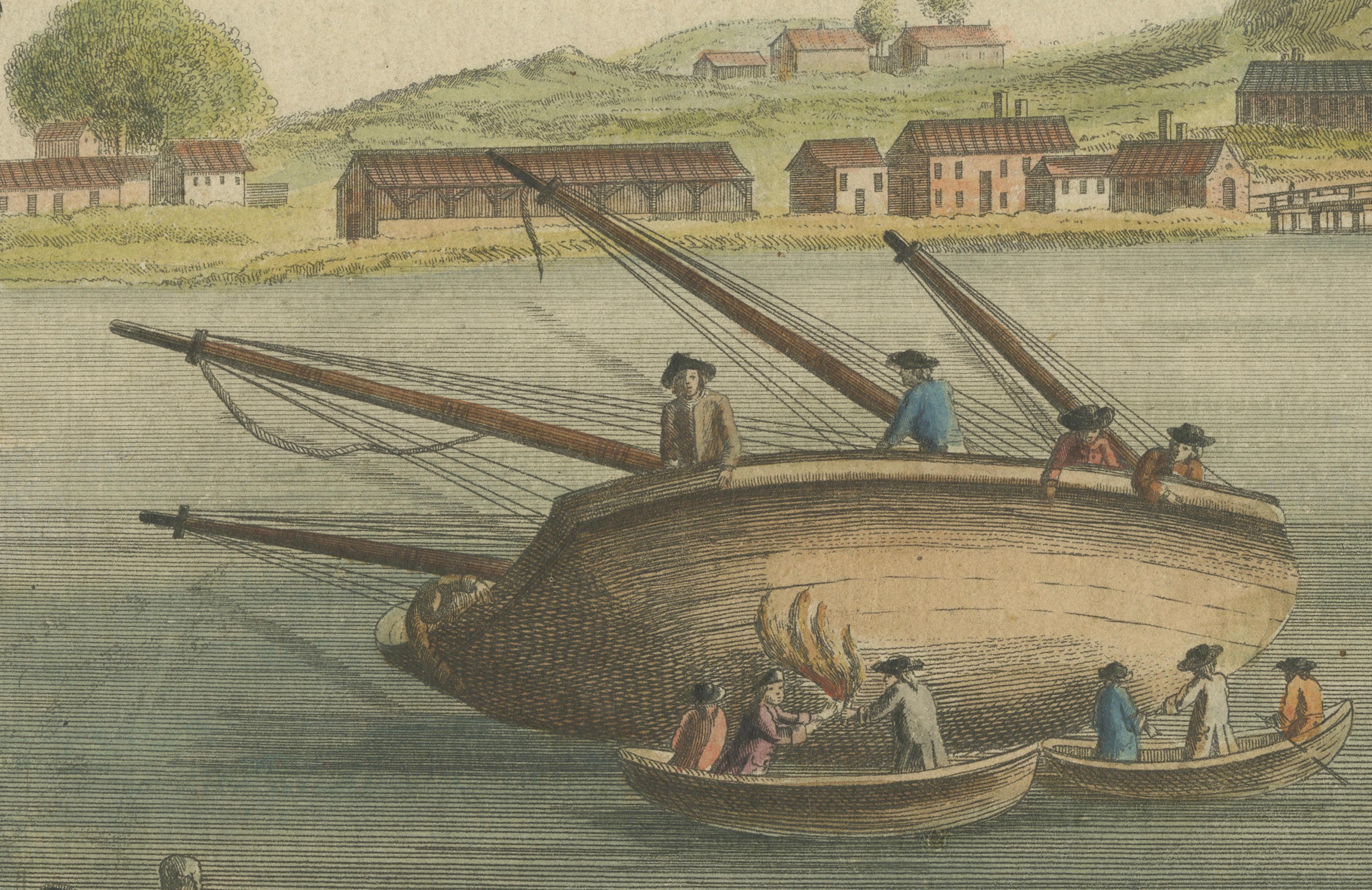 Vue de Bayonne du Côté du Port - handkolorierter optischer Druck von Basset, um 1790 (Papier) im Angebot