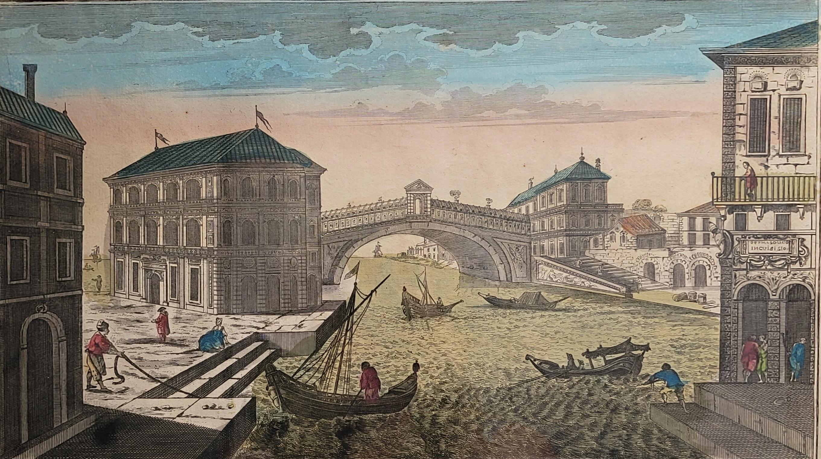 A beautiful hand colored engraving of the Rialto Bridge in Venice, Italy. While the subject is Italian, the printmaker was French. It bears the inscription, 