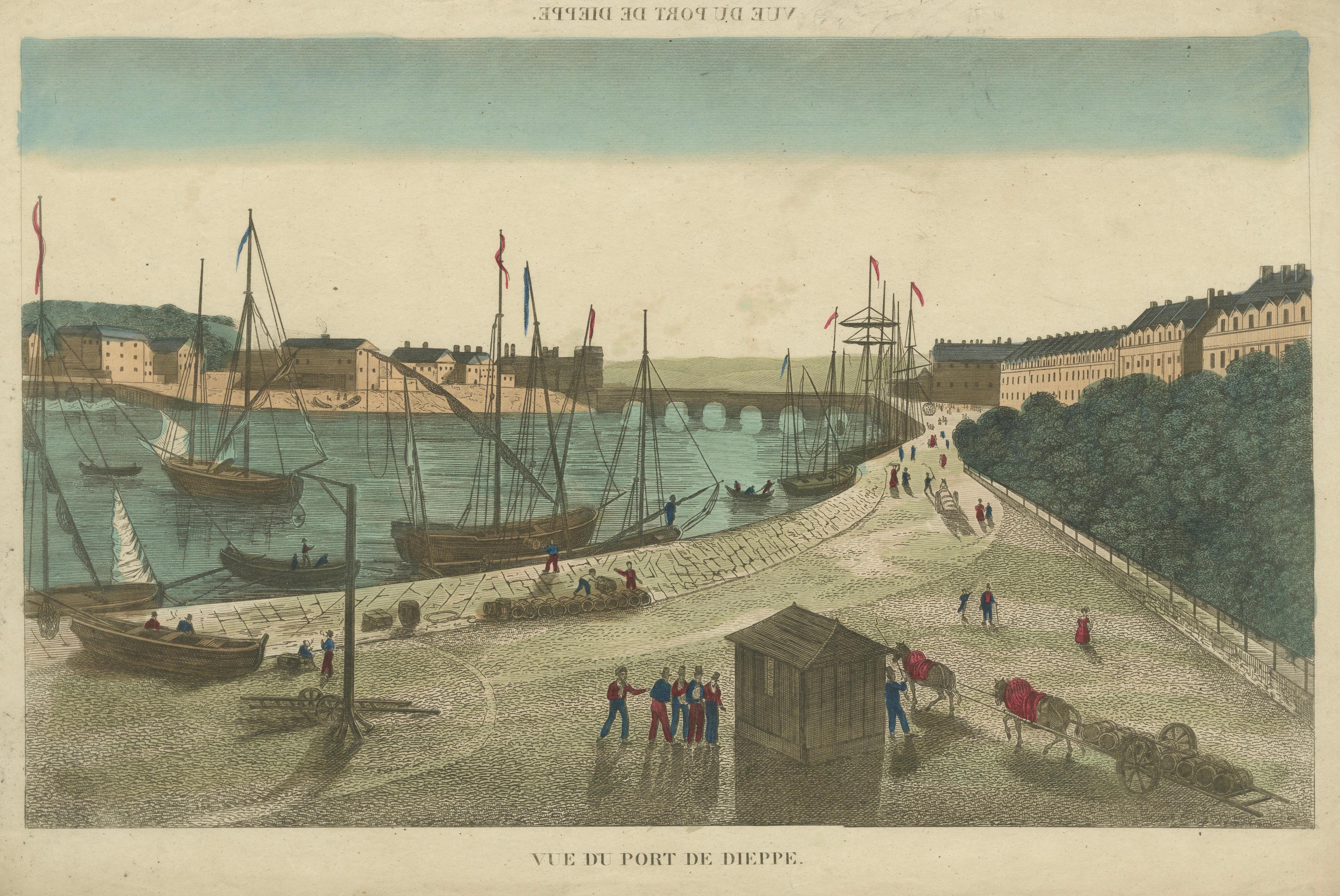 Vue du Port de Dieppe - handkolorierter optischer Druck, Paris, um 1790 im Angebot 3