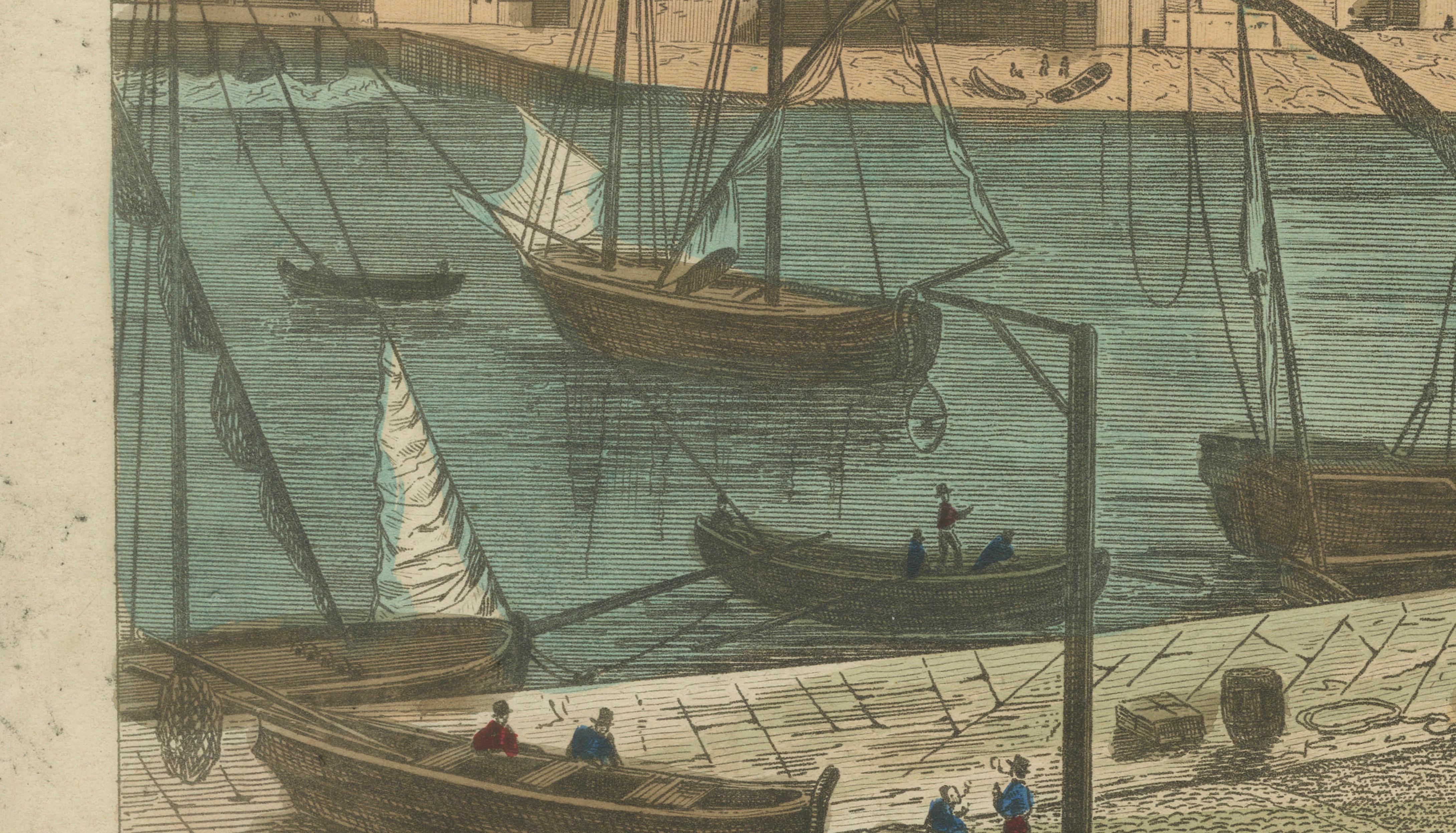 Vue du Port de Dieppe - handkolorierter optischer Druck, Paris, um 1790 (18. Jahrhundert) im Angebot