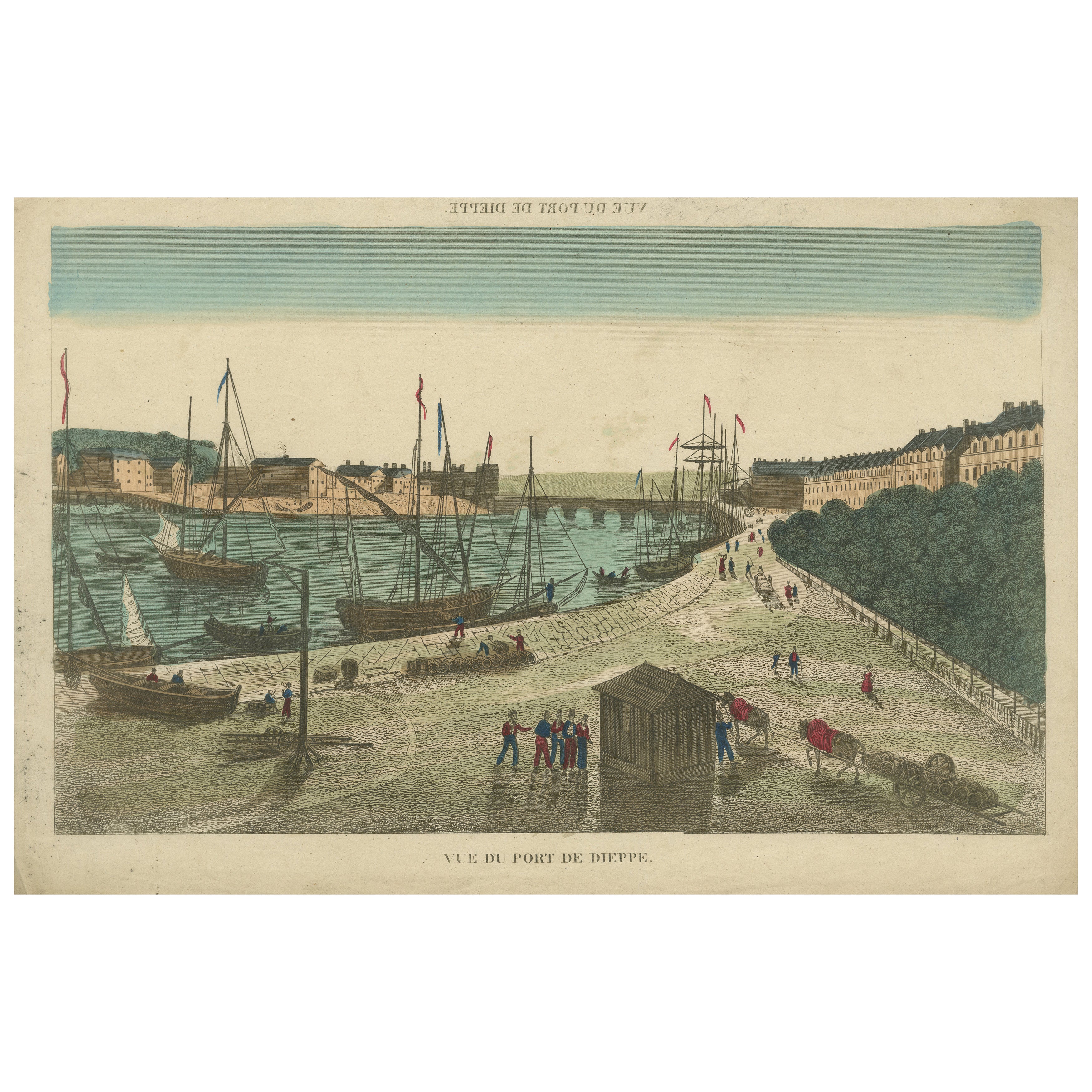 Vue du Port de Dieppe - handkolorierter optischer Druck, Paris, um 1790
