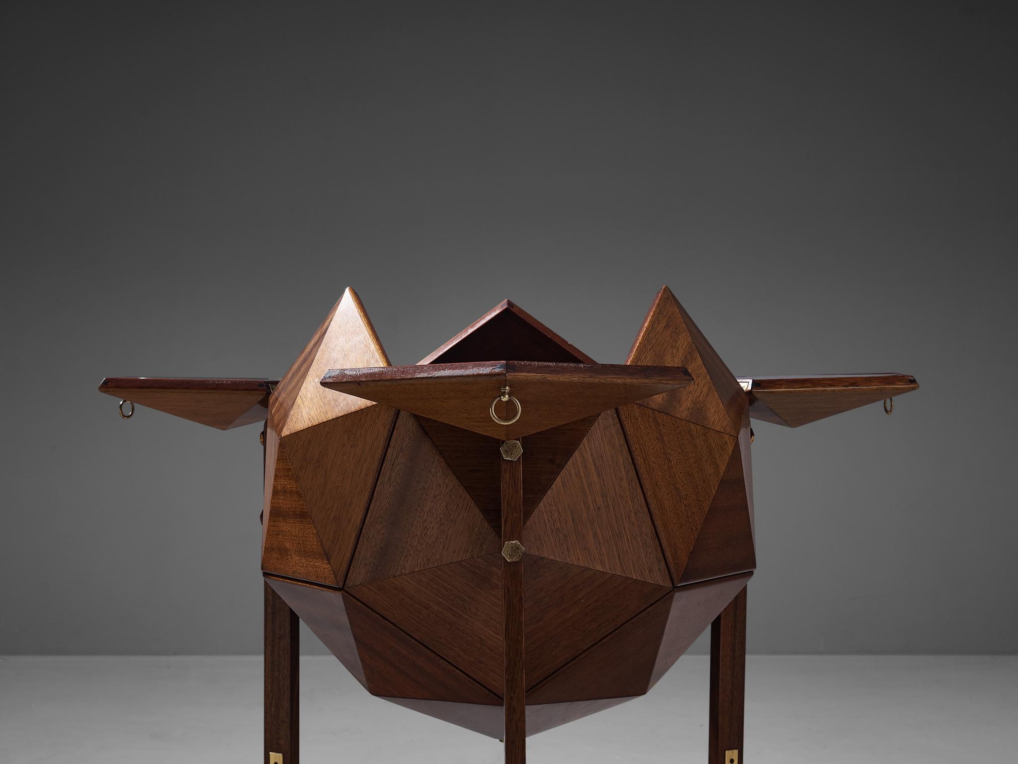 Mid-Century Modern M. Vuillermoz Polyhedron Bar Cabinet in Mahogany and Brass