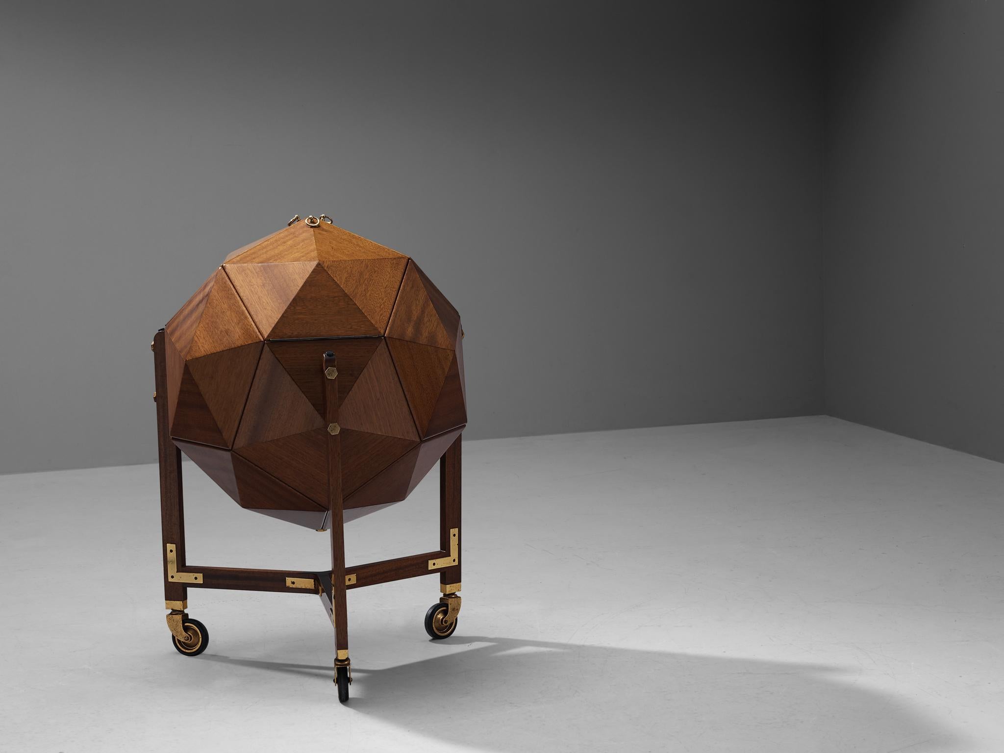 Mid-20th Century M. Vuillermoz Polyhedron Bar Cabinet in Mahogany and Brass