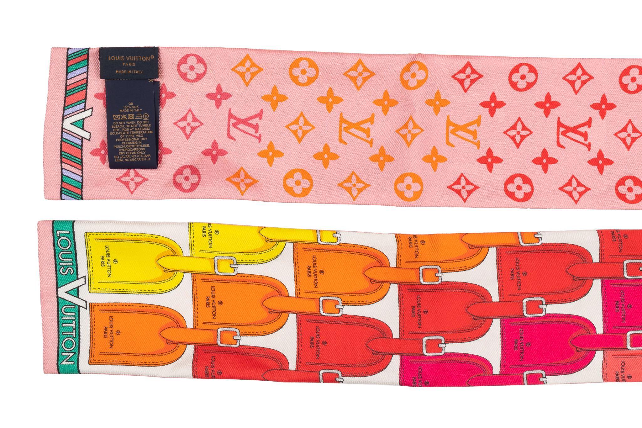 Louis Vuitton bag tag bandeau in multicolor made of 100%silk. This long bandeau-style scarf has a luxurious feel. It's brand new and comes with the original box.