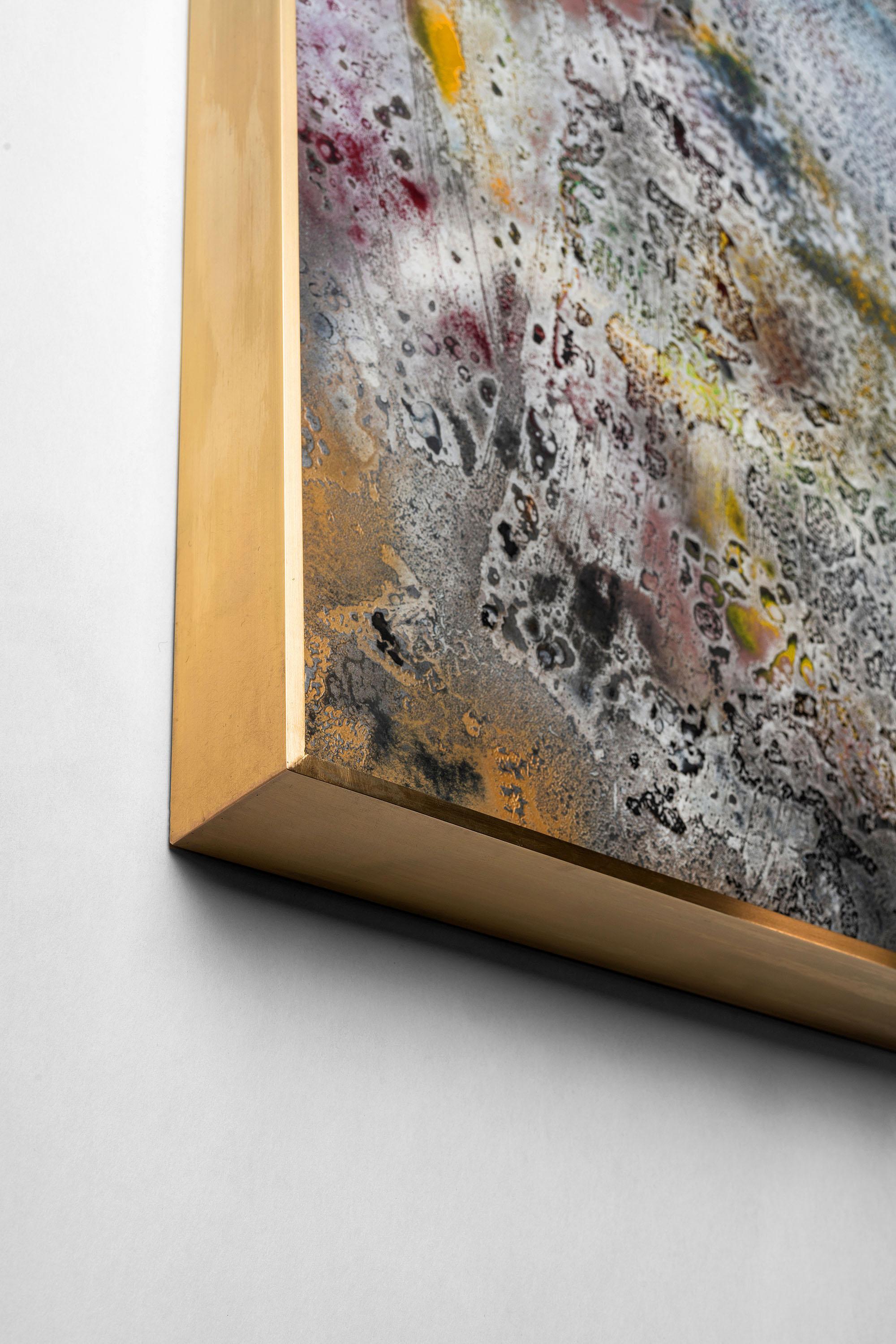 Vuitton by Jessica Mayer Fine Art is a Textured metal canvas, paint cerused with metal waxes, a metal art technique developed by Artist Jessica Mayer. Includes custom brass frame and cleat mounting system. Original metal “canvas”. The texture is an