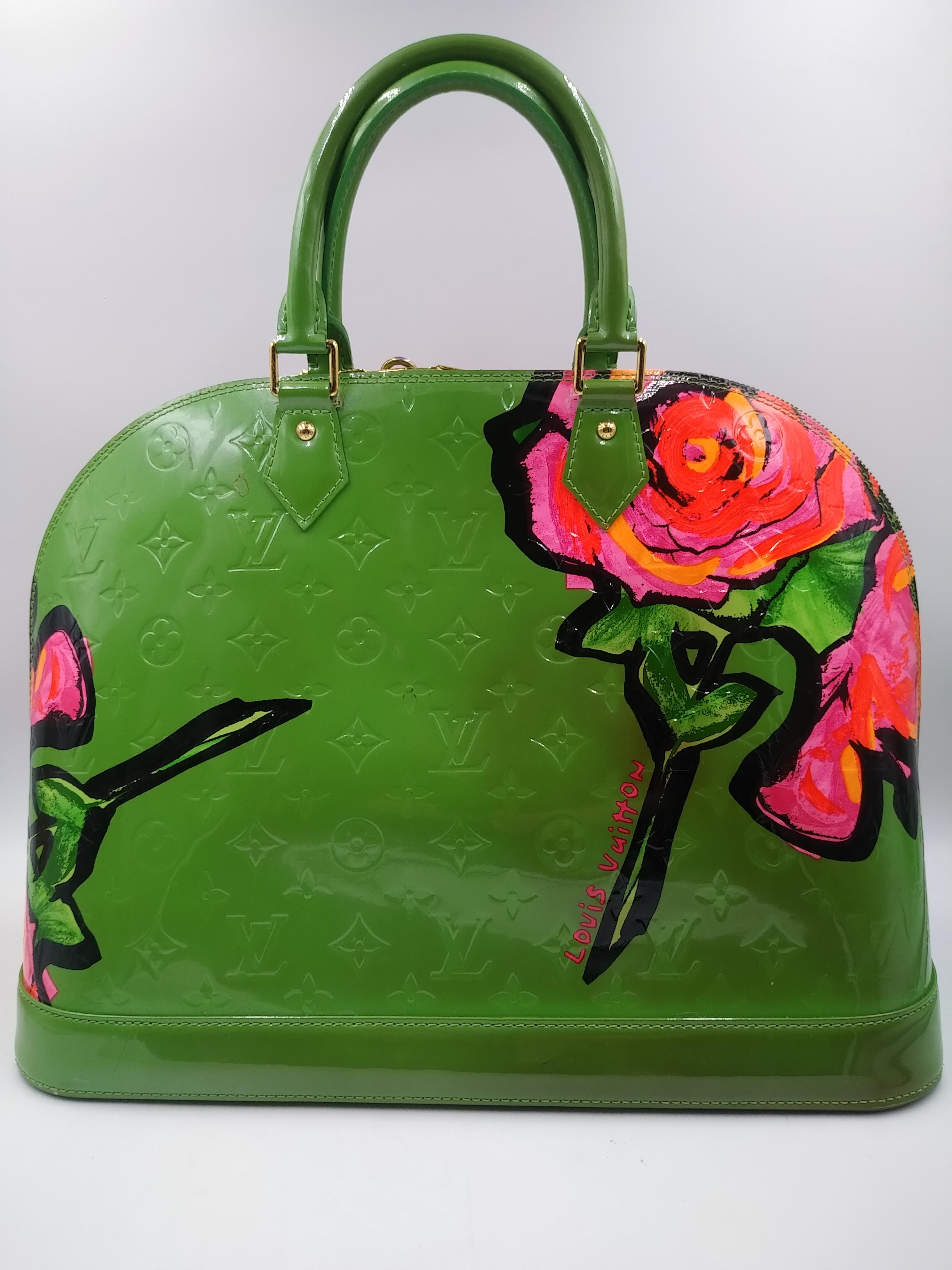 Louis Vuitton Green Monogram Vernis Limited Edition Stephen Sprouse Roses Alma GM bag, 2009. 
This Alma GM bag by Louis Vuitton comes with the Stephen Sprouse roses print. Crafted from monogrammed vernis, it features dual top rolled handles along