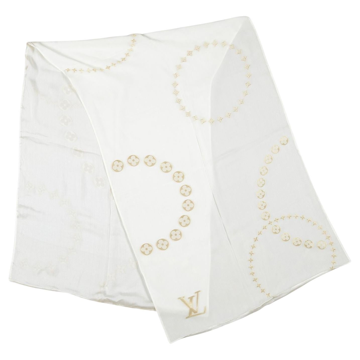 Vuitton White Embroidered Silk Scarf For Sale
