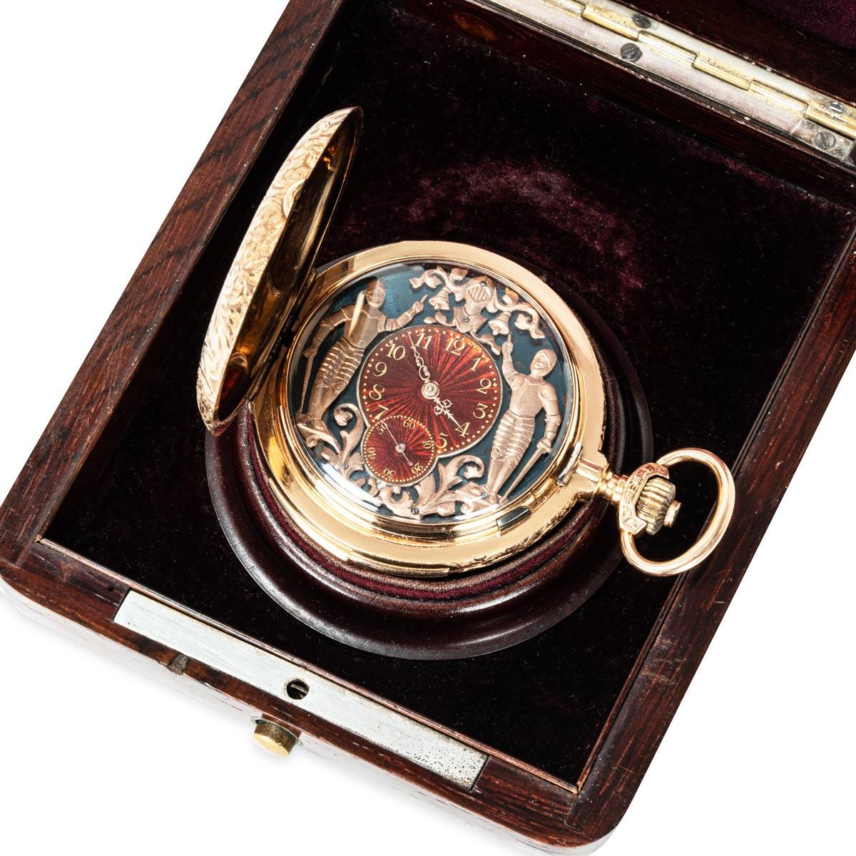 Vulcain 18kt Rose Gold Full Hunter Minute Repeating Automaton Pocket Watch C1880 For Sale 3