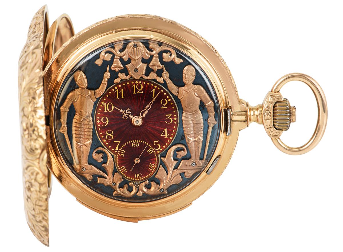 Men's Vulcain 18kt Rose Gold Full Hunter Minute Repeating Automaton Pocket Watch C1880 For Sale