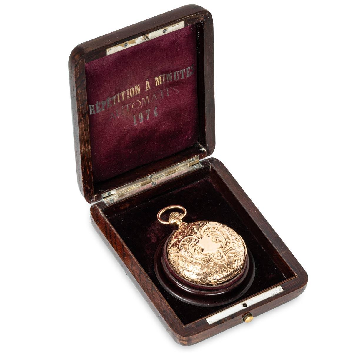 Vulcain 18kt Rose Gold Full Hunter Minute Repeating Automaton Pocket Watch C1880 For Sale 1