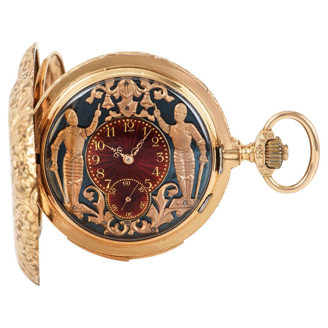Vulcain 18kt Rose Gold Full Hunter Minute Repeating Automaton Pocket Watch C1880 For Sale