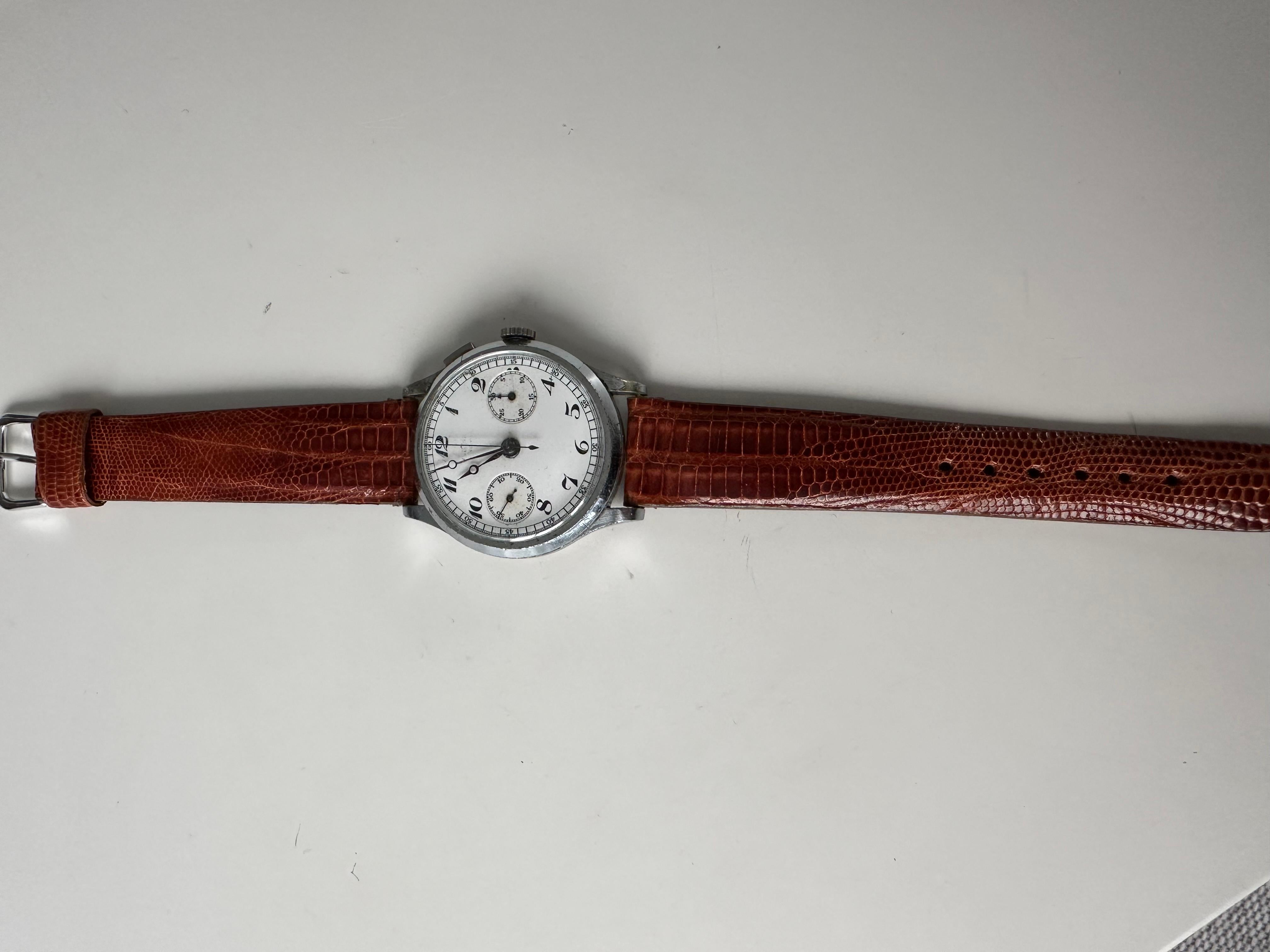 Mid-20th Century Vulcain Watch Chrono Monopusher Circa 1930 Breguet Numerals For Sale