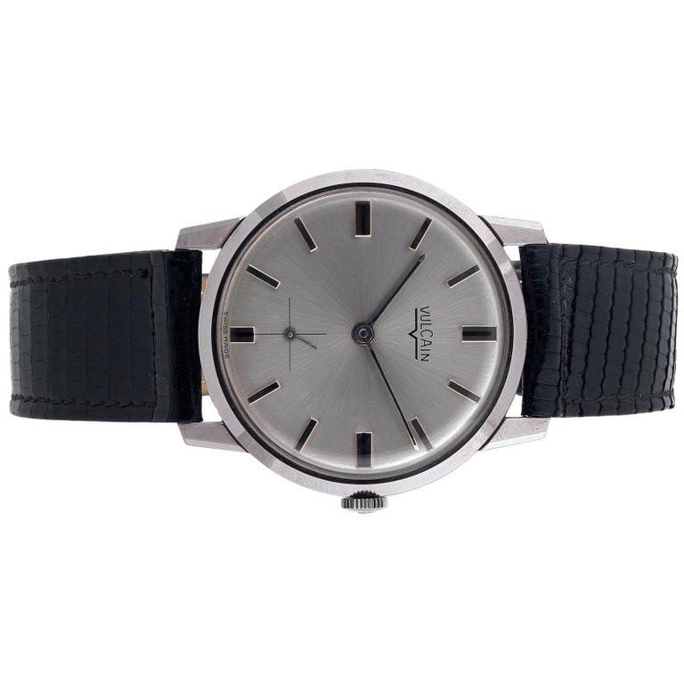 
This vintage 1970’s VULCAIN is for the watch lover who prefers a very slim and elegant vintage watch. This sleek stainless steel signed case measures 34mm. across, but looks larger due to the very narrow bezel.
Original Box and paper