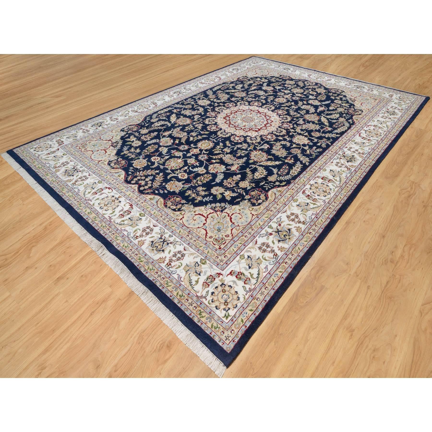 Medieval Vulcan Blue Hand Knotted Nain Design 250 KPSI Wool and Silk Rug 9'8