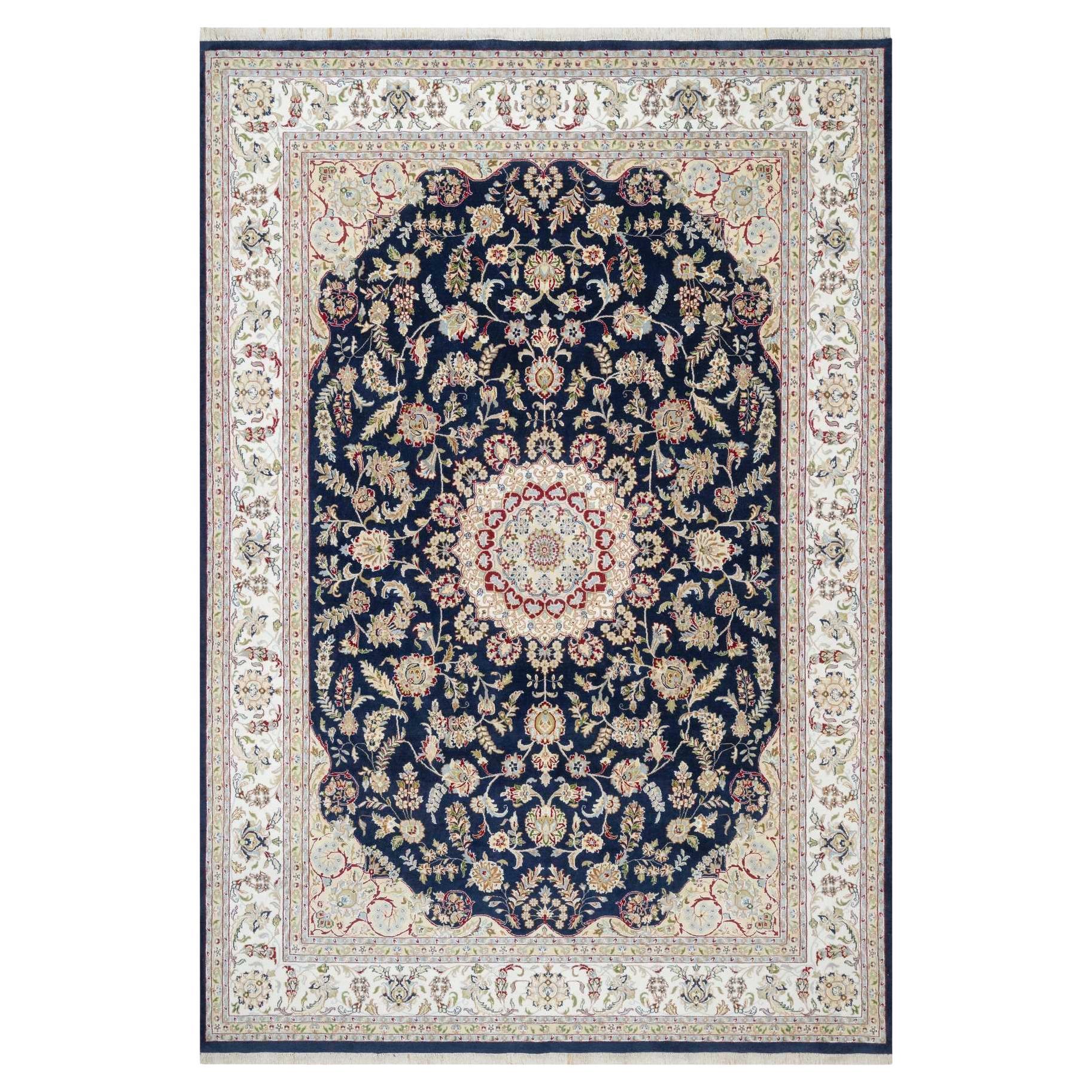 Vulcan Blue Hand Knotted Nain Design 250 KPSI Wool and Silk Rug 9'8" x 14'1" For Sale