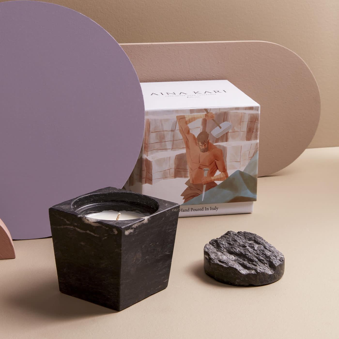 Vulcano Candle is dedicated to Vulcano (or Hephaestus), the Roman god of artisans, craftsmen, and sculptors. Granitoid rock, medium-grained of dark grey-black veins with delicate white textures. The uniqueness of the minerals creates surprising,