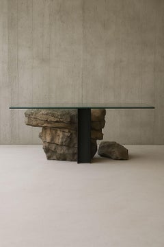 Vulcano Dining Table in Vulcanic Stone, Steel & Glass by Marsica Fossati