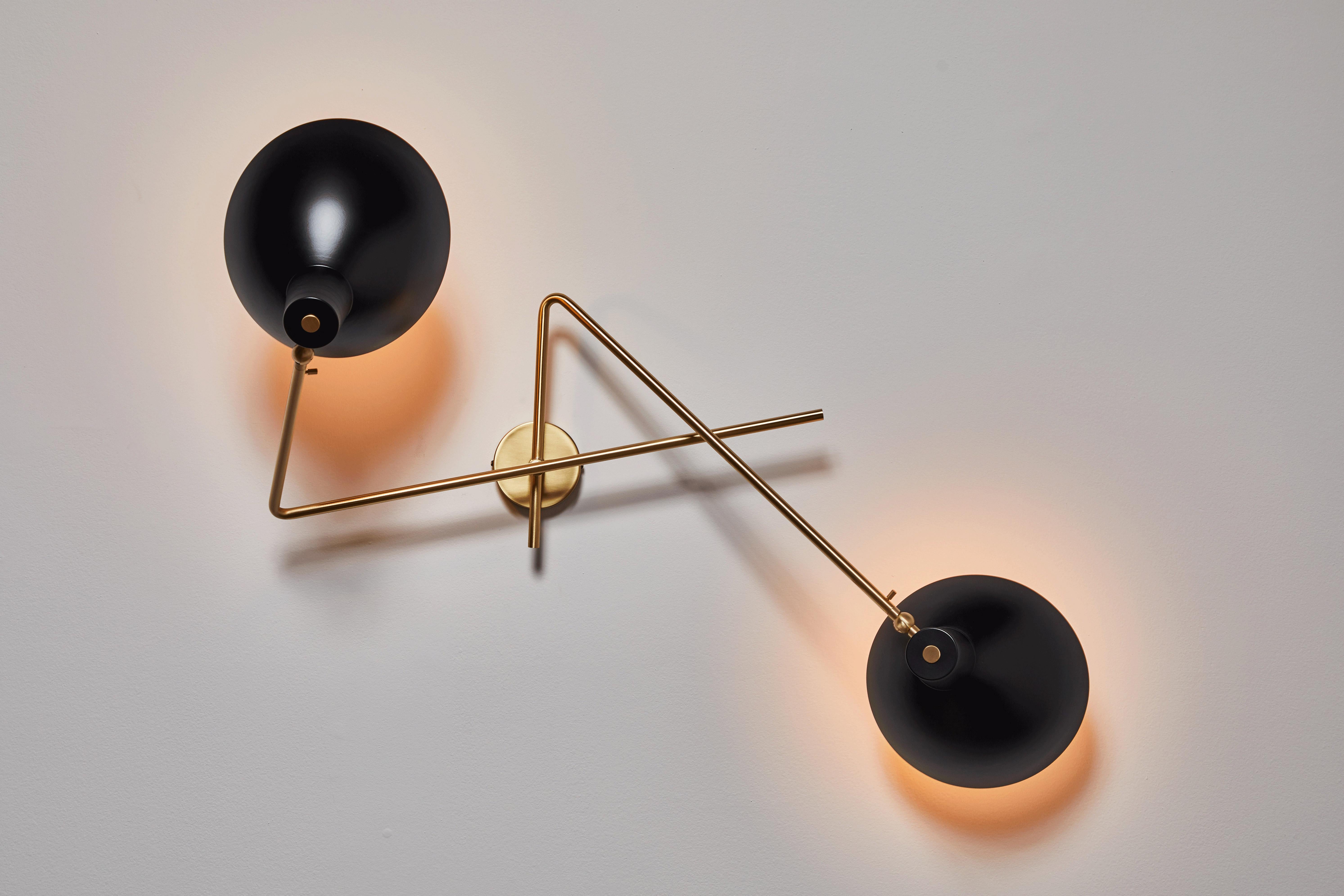VV Cinquanta twin wall light by Vittoriano Viganó. Originally designed in 1951. Current production with spun aluminum reflectors, anodized brass structure. Light source 2 x E27 LED 6W 2700K non-dimmable bulbs Included. Customization required for