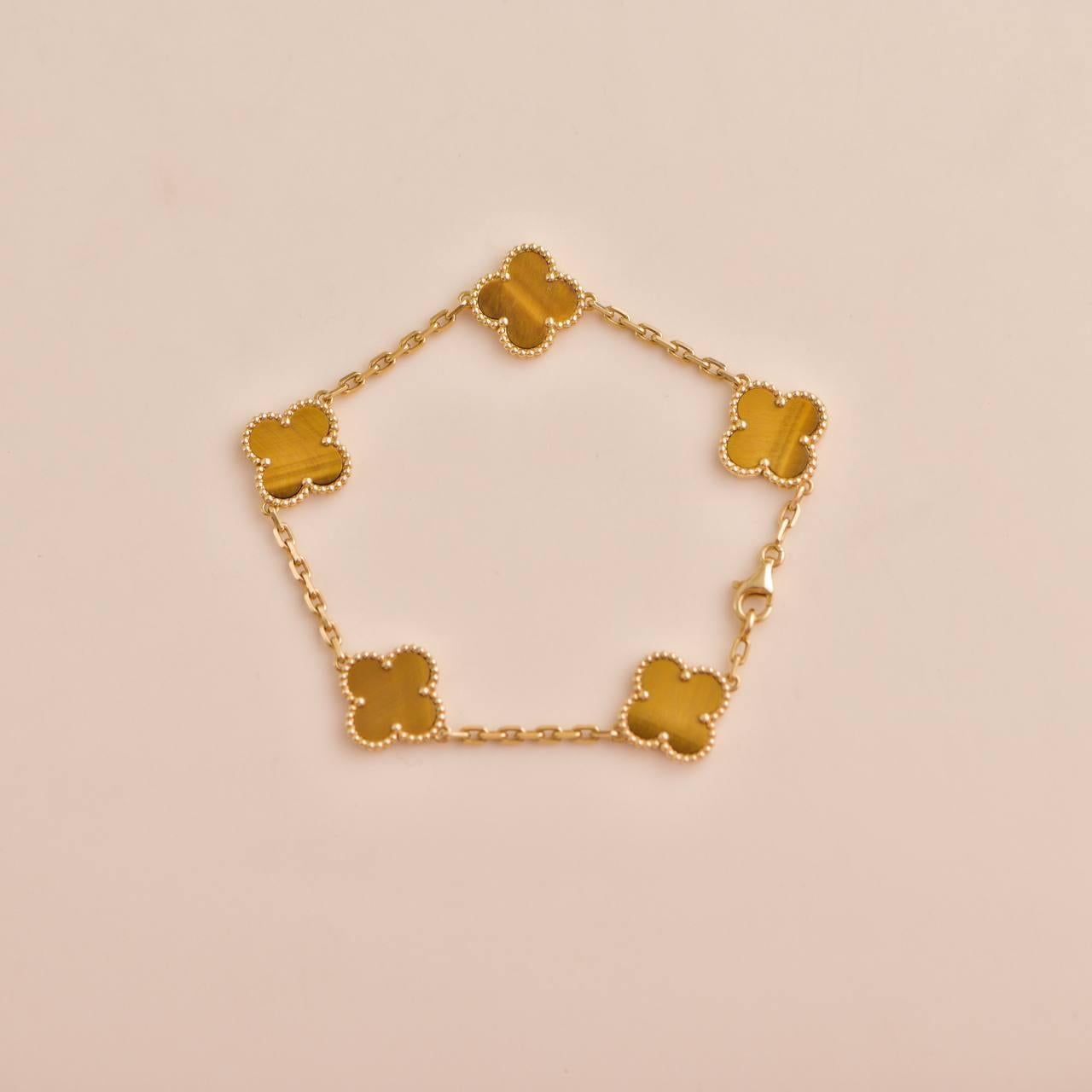 Uncut VVan Cleef & Arpels Vintage Alhambra 5 Motifs Tiger's Eye Yellow Gold Bracelet