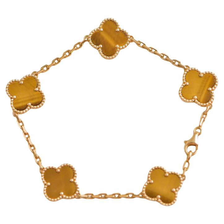 VVan Cleef & Arpels Vintage Alhambra 5 Motifs Tiger's Eye Yellow Gold Bracelet