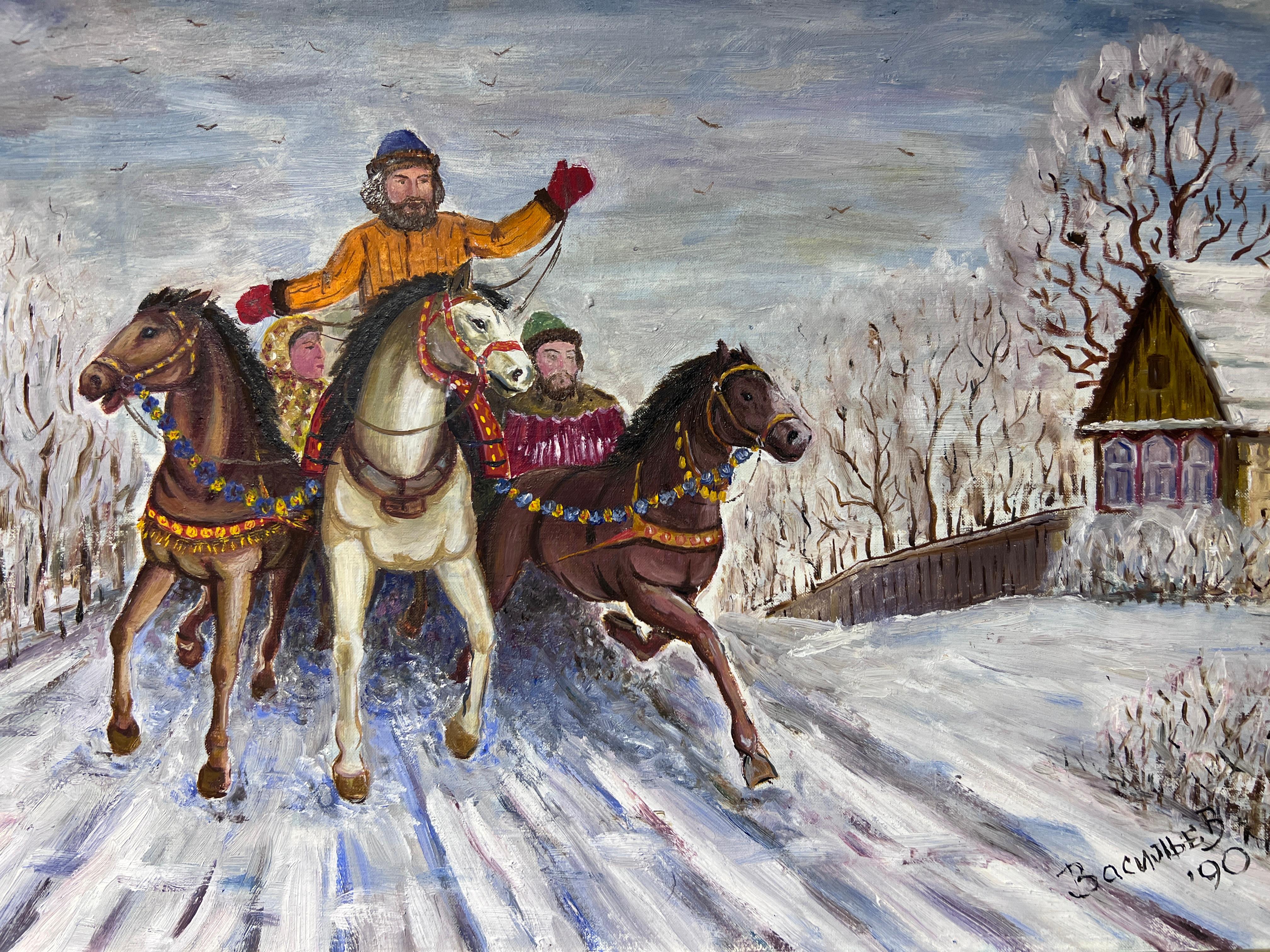 1990 Künstler V. Vassilyev, Ölgemälde auf Leinwand, Genre-Szene „Festival Maslenitsa“, Festival Maslenitsa“ (Impressionismus), Painting, von V.Vasilyev