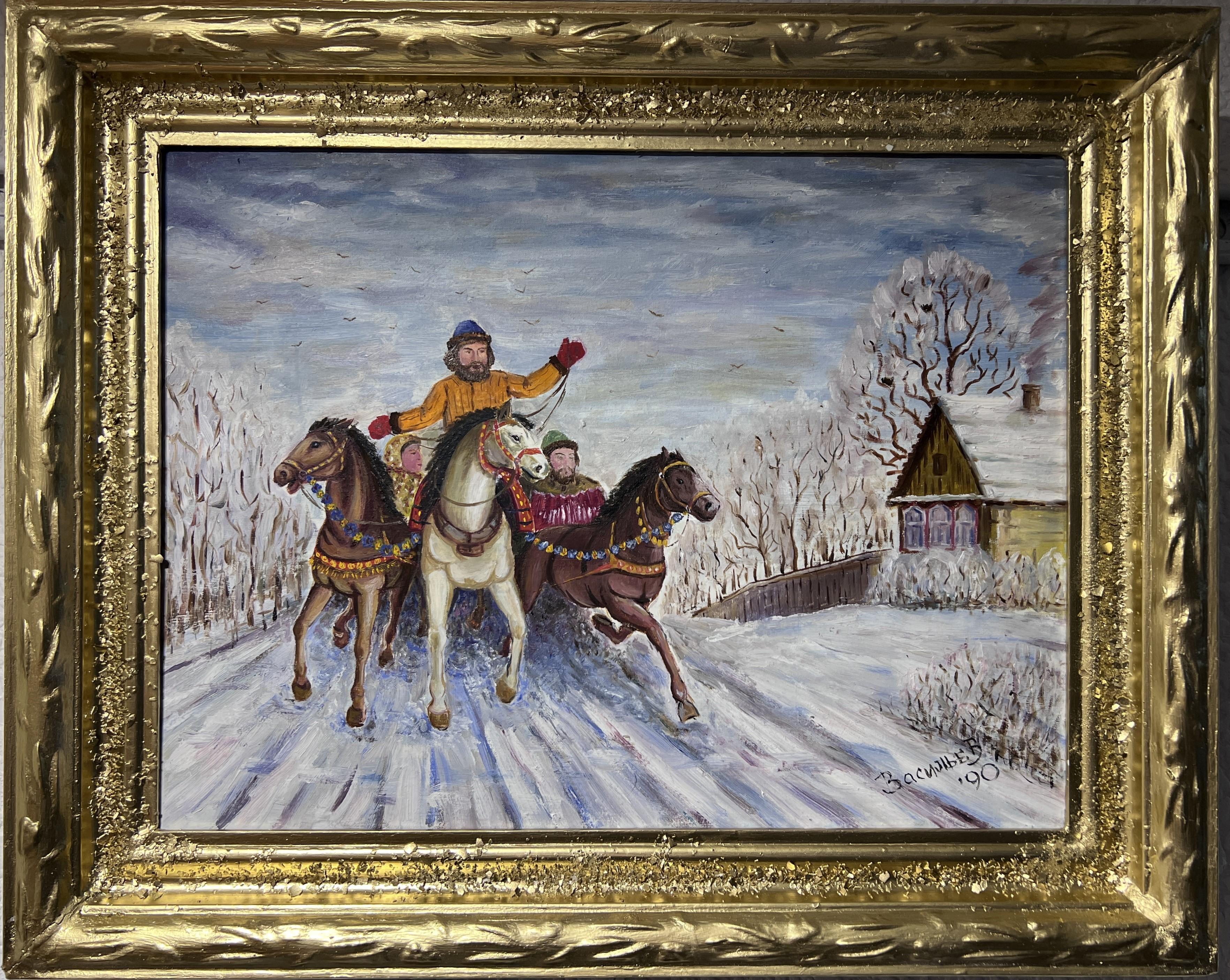 1990 Künstler V. Vassilyev, Ölgemälde auf Leinwand, Genre-Szene „Festival Maslenitsa“, Festival Maslenitsa“