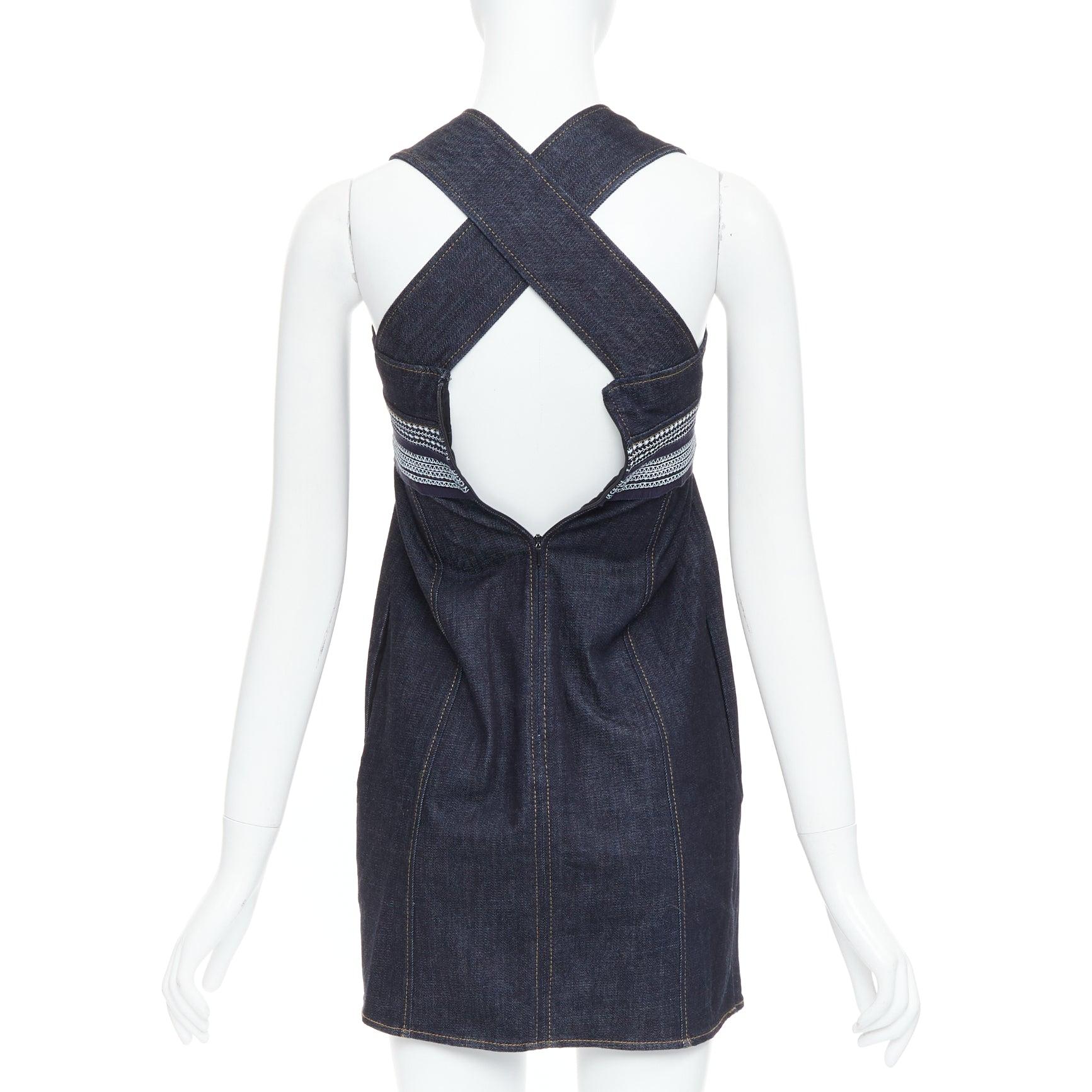 VVB VICTORIA BECKHAM blau Denim Steppnaht Kreuz zurück Kleid UK4 XXS Damen im Angebot