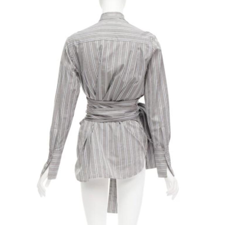Women's VVB VICTORIA BECKHAM grey striped cotton oversized sash belt tunic shirt UK6 XS
