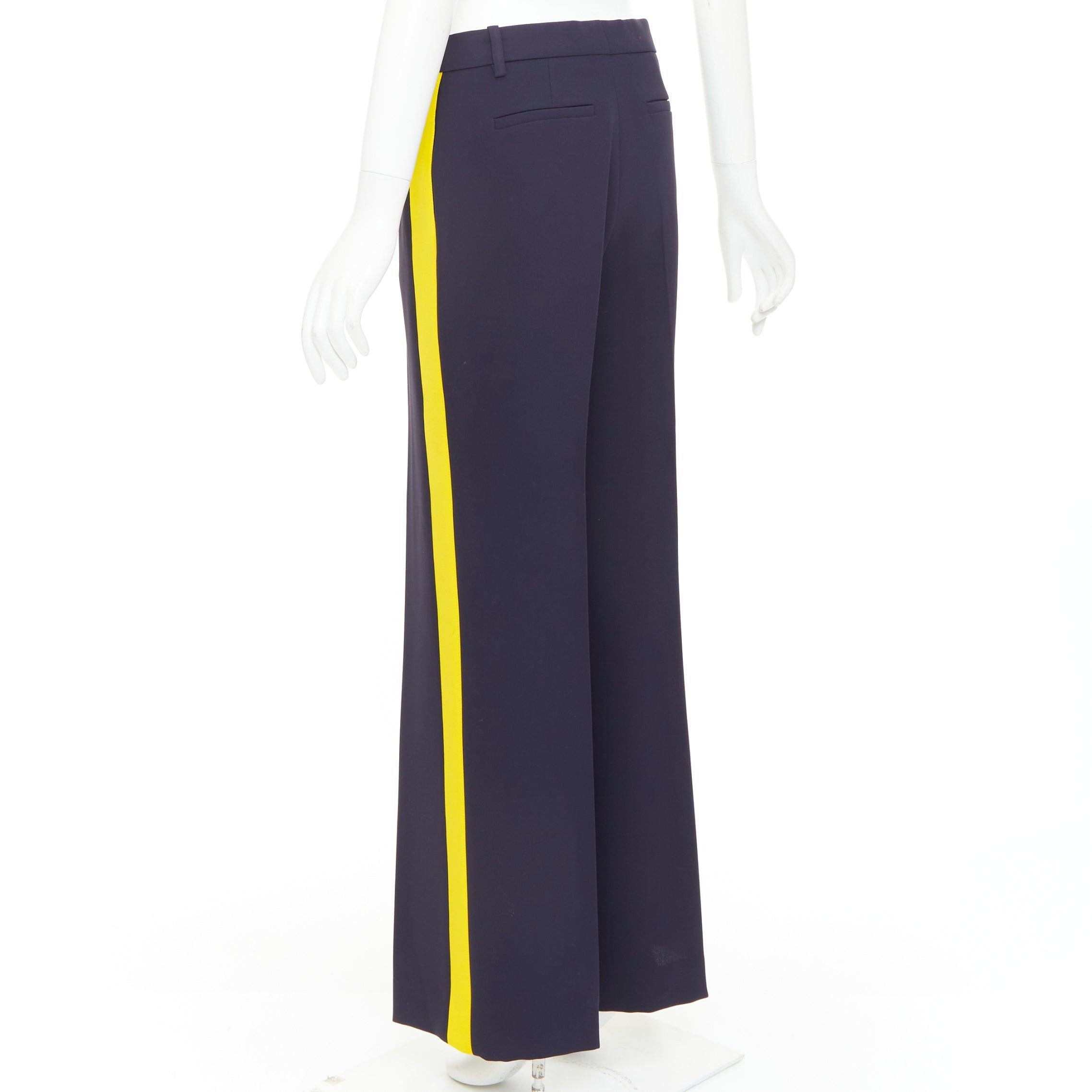 VVB VICTORIA BECKHAM navy yellow silk trimmed high waist wide trousers UK8 S en venta 1
