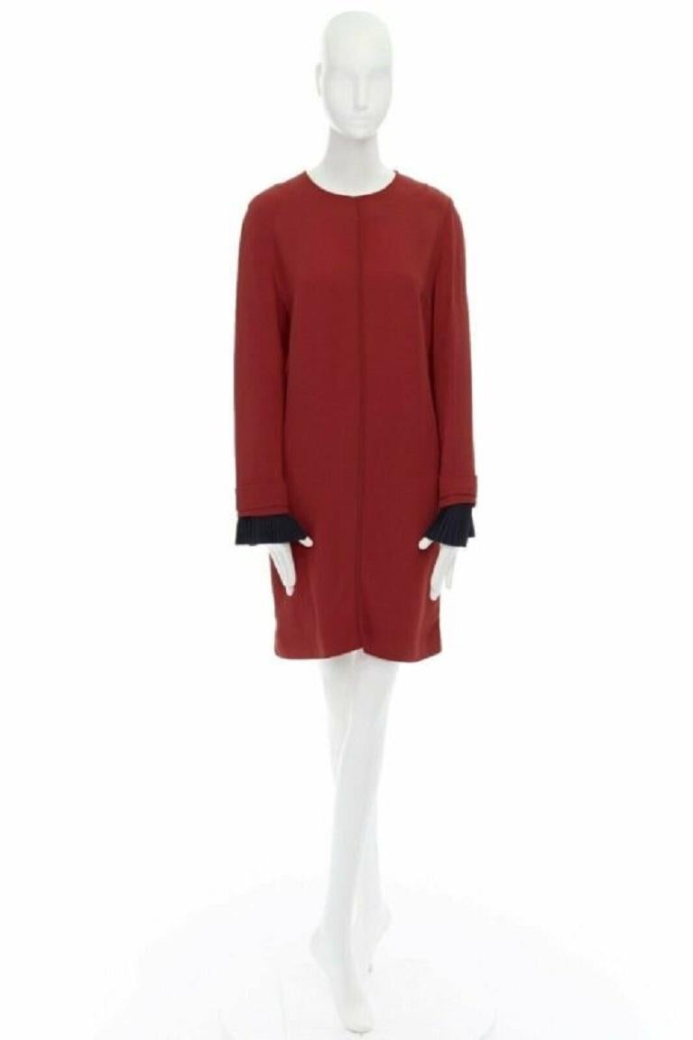 VVB VICTORIA BECKHAM red crepe navy pleated cuff long sleeves dress UK10 M For Sale 5