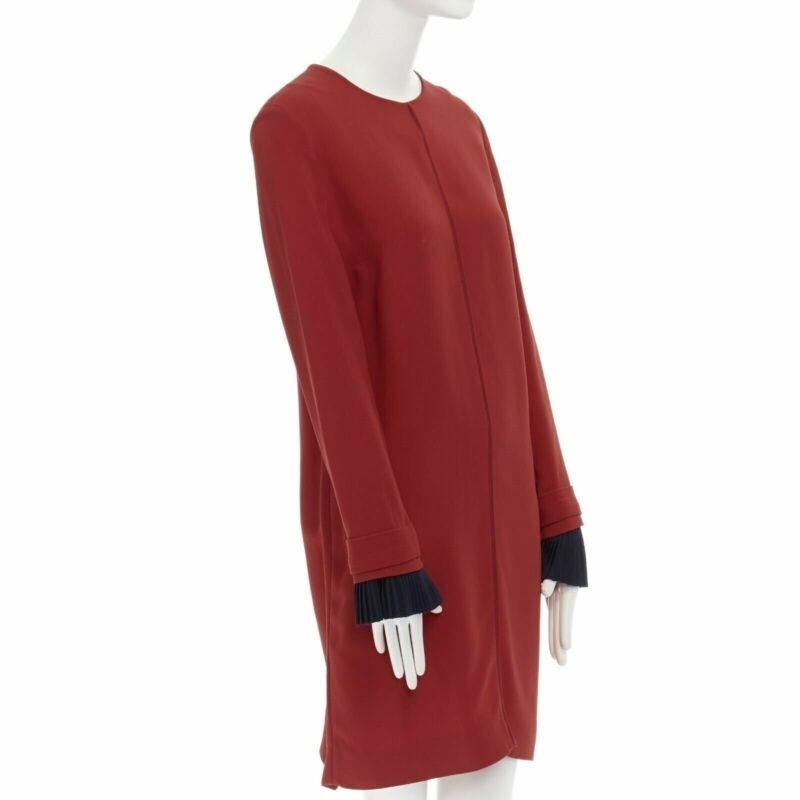Brown VVB VICTORIA BECKHAM red crepe navy pleated cuff long sleeves dress UK10 M For Sale