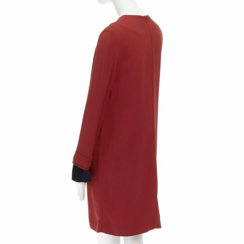 VVB VICTORIA BECKHAM red crepe navy pleated cuff long sleeves dress UK10 M For Sale 1