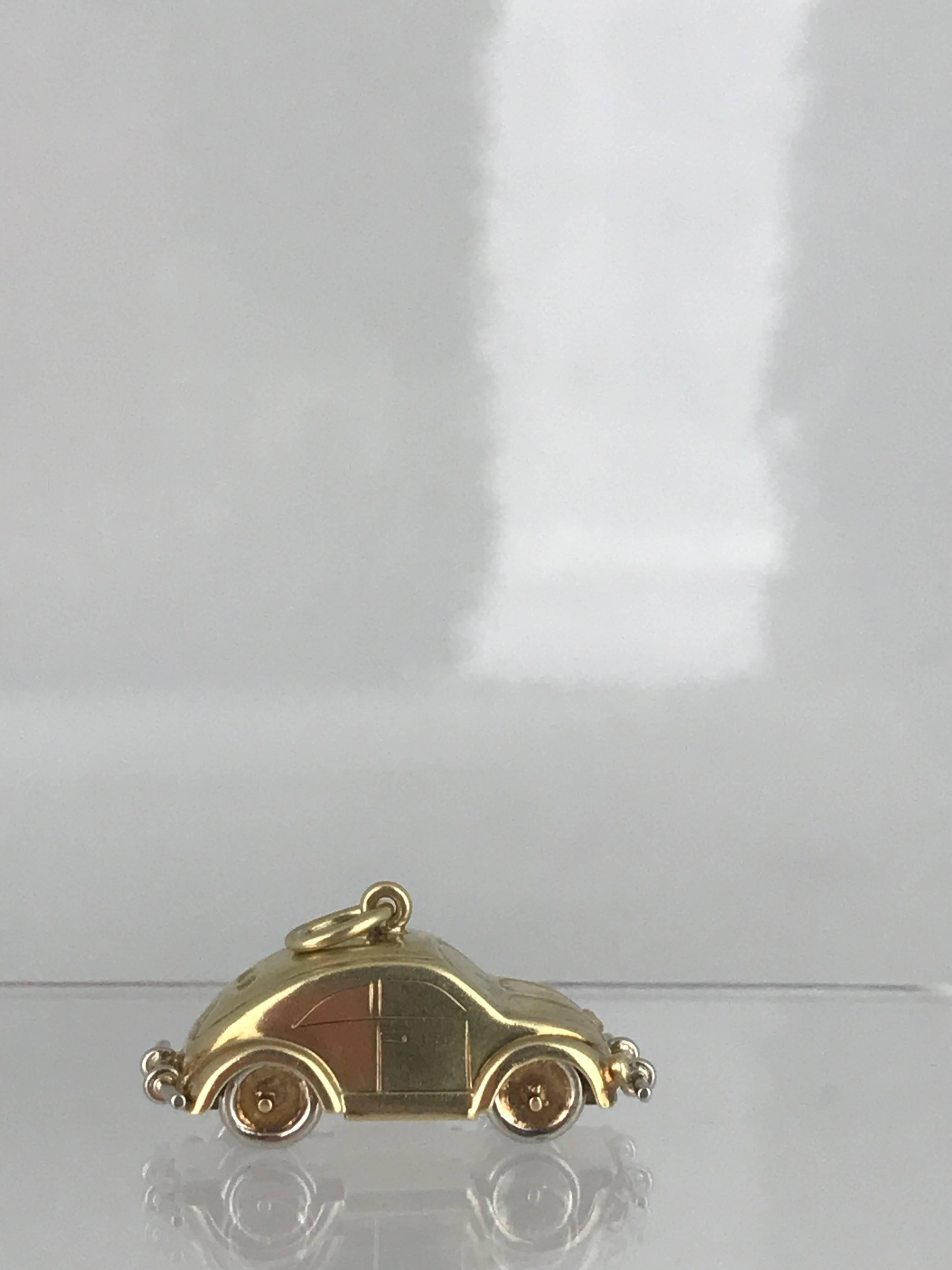 VW Beetle Car, Handmade and Movable Parts, Yellow and White Gold, circa 1950 In Excellent Condition For Sale In Aliso Viejo, CA
