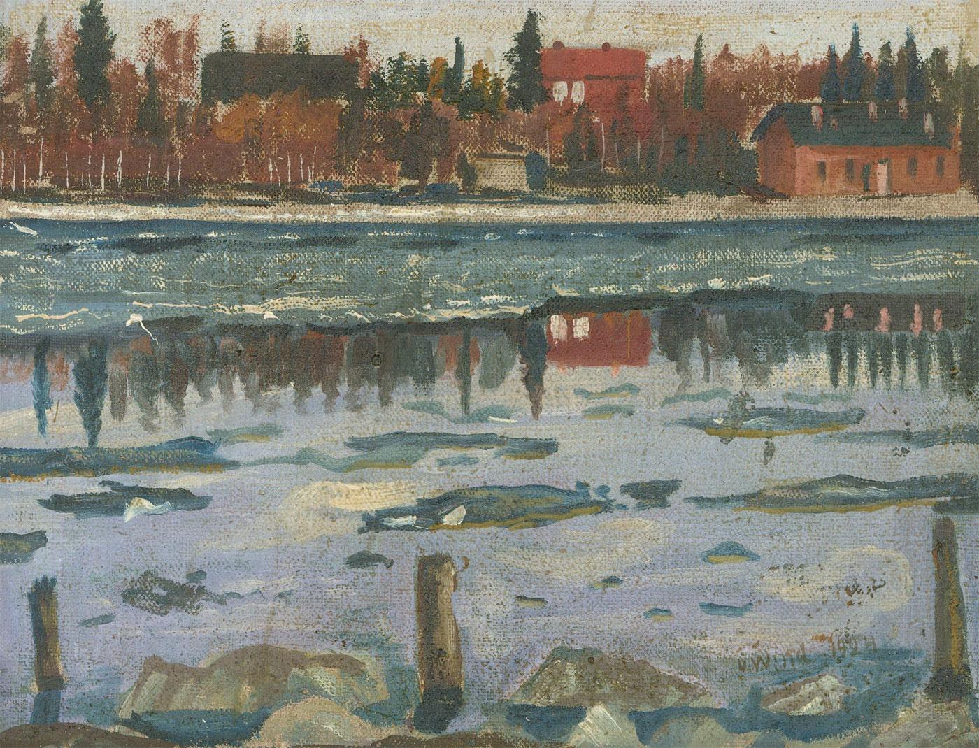 A delightful early 20th century oil painting, depicting a Nordic winter landscape. The lake looks ice cold but steadily moving, with a shimmering reflection of the chalet like houses on the surface. Snow can be seen covering the ground outside