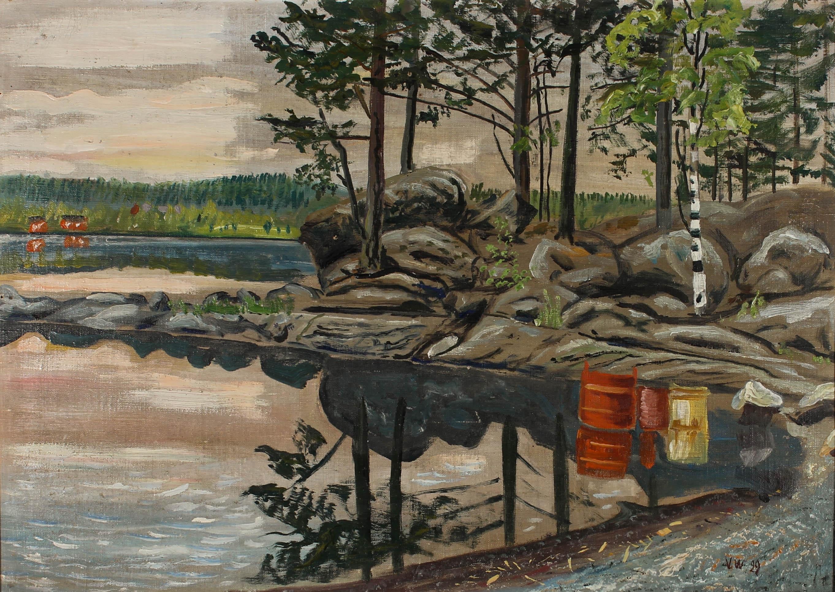 V.W - Framed 1929 Oil, Scandinavian Landscape For Sale 1