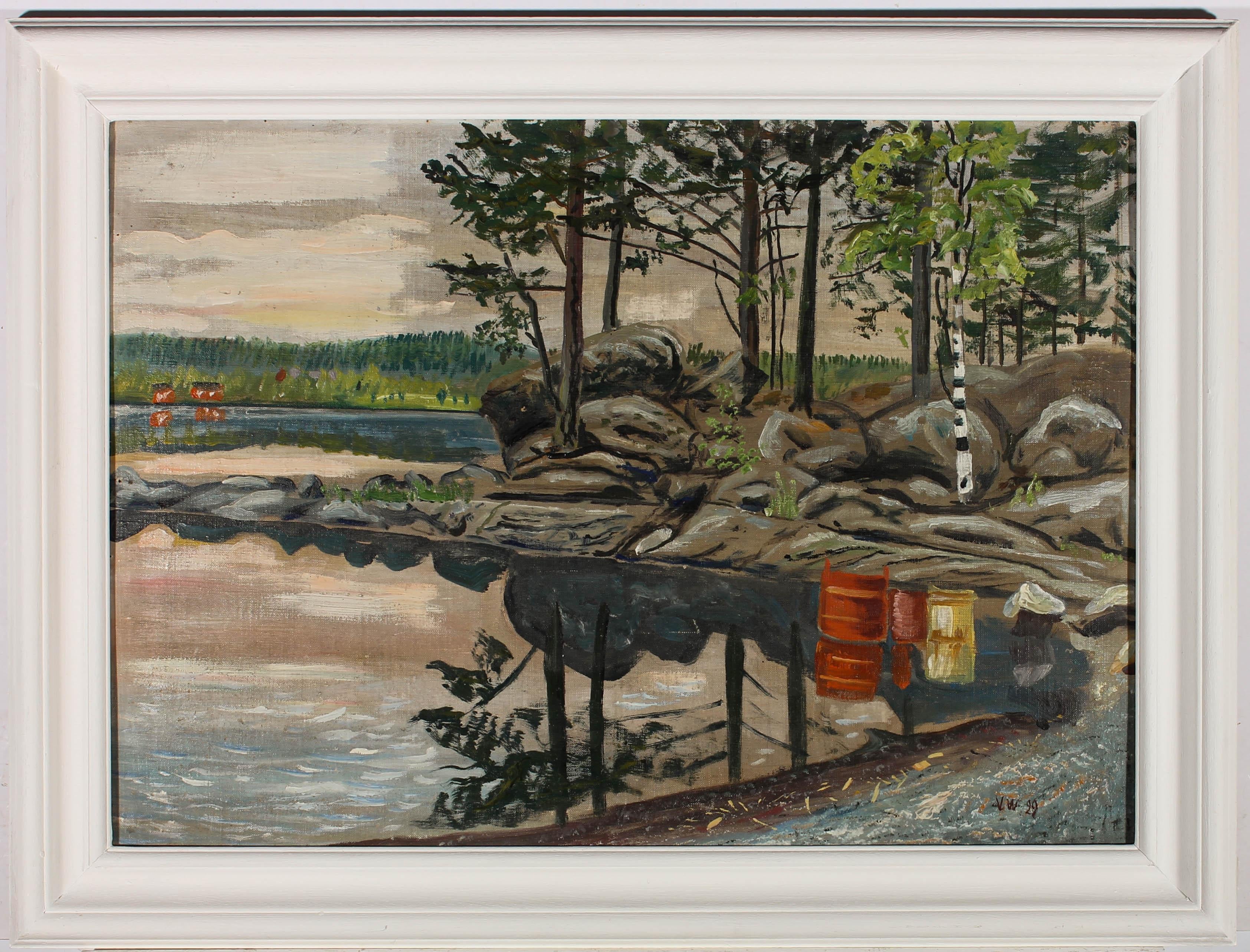 A colourful modernist composition of a serene Scandinavian lake, bordered by a forest of fir trees and boulders. The reflection of the surrounding landscape has been picked up by the artist in the lake's mirror surface. Signed with Monogram.
