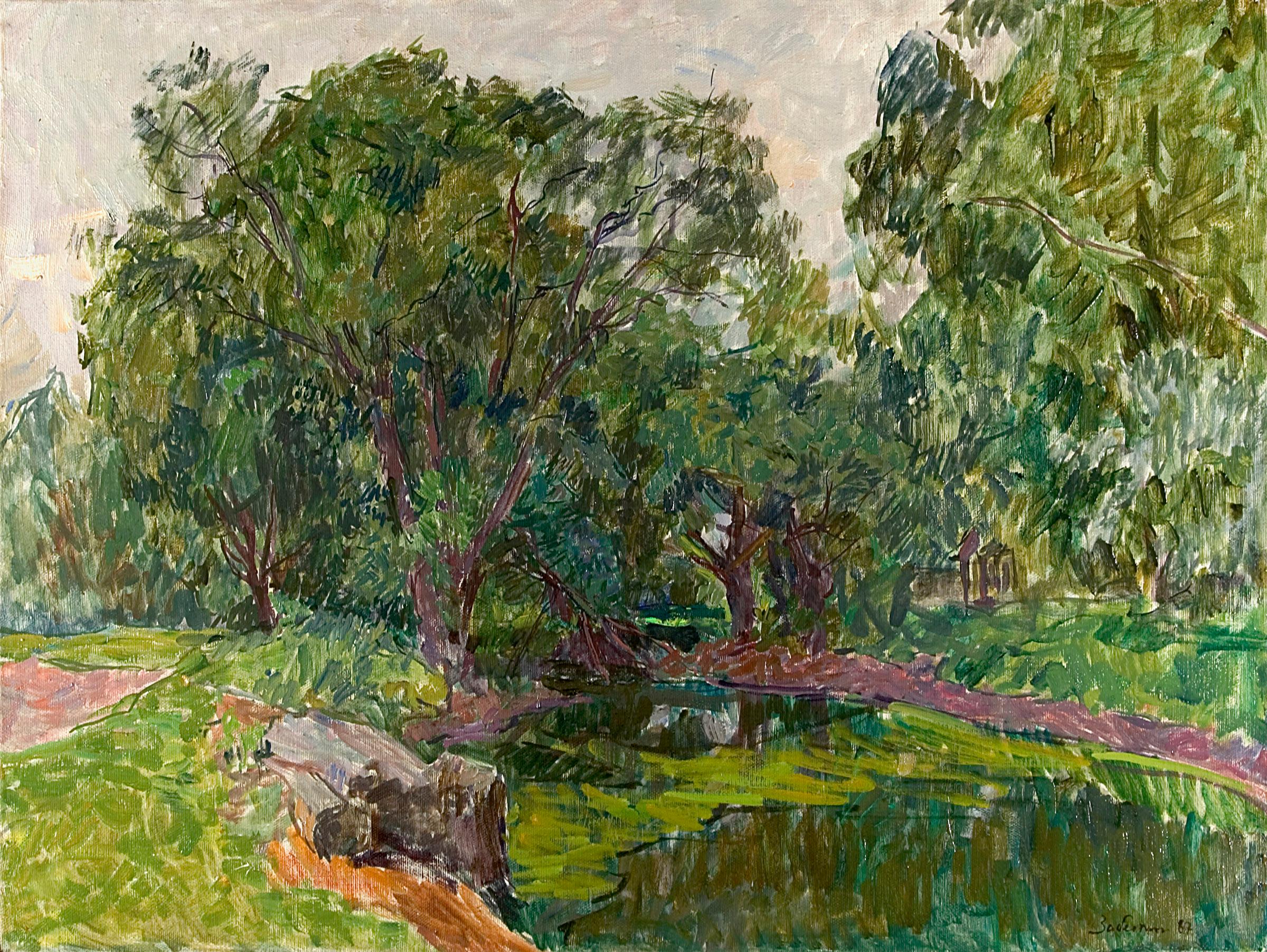 Vyacheslav Zabelin (1935- 2001) Considered a living master during his lifetime in Moscow, painted Pond covered by vegetation in 1987. Zabelin had already 300 paintings in museum collections throughout the world at the time of his death. A Surikov