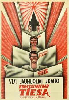 Original Vintage Poster Komjaunimo Tiesa Communist Youth Newspaper Lenin Truth 