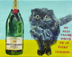 Best Friend figurative painting cat champagne humor text colored small scale
