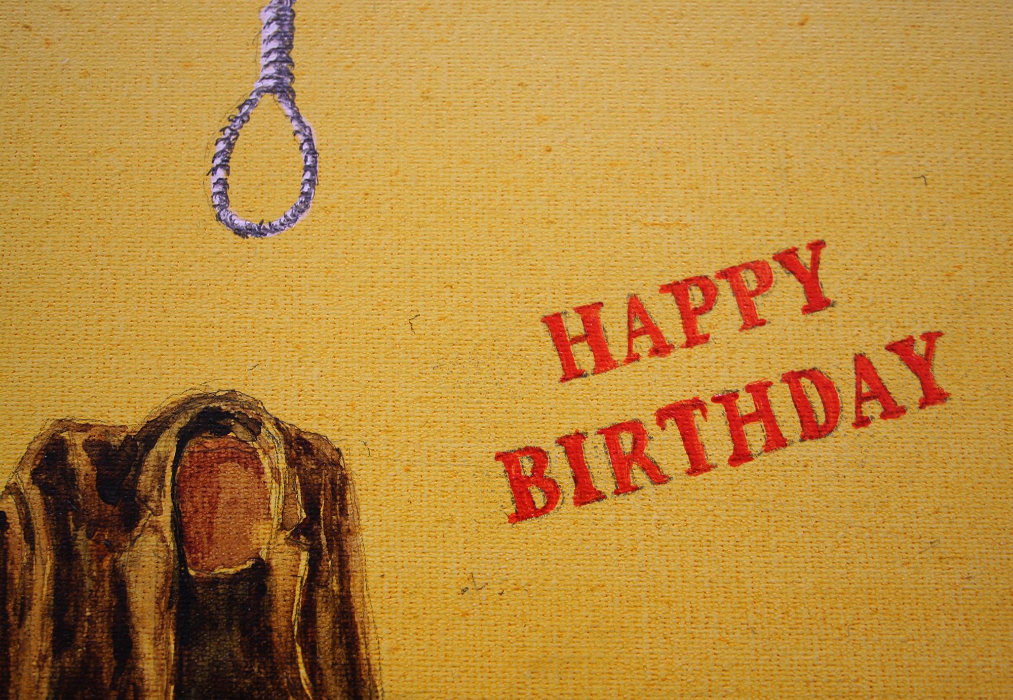 Happy birthday, figuratives Gemälde mit humorvollem Text in kleinem Maßstab (Beige), Figurative Painting, von Vytautas Tomasevicius