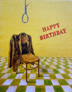 Happy birthday, figuratives Gemälde mit humorvollem Text in kleinem Maßstab