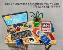 Messy desk figurative oil painting colored small scale interior text quote love