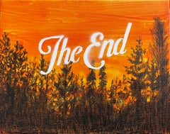 The end figurative painting small scale landscape forest text colors 60's movie 